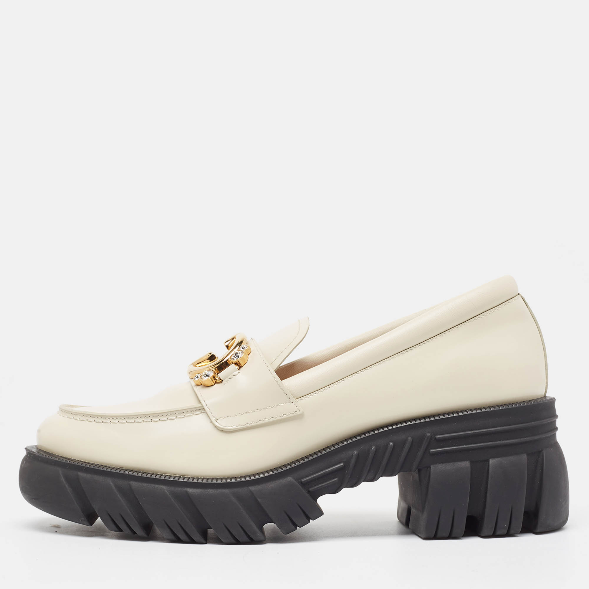 

Gucci Cream Leather Interlocking G logo Sneaker Loafers Size