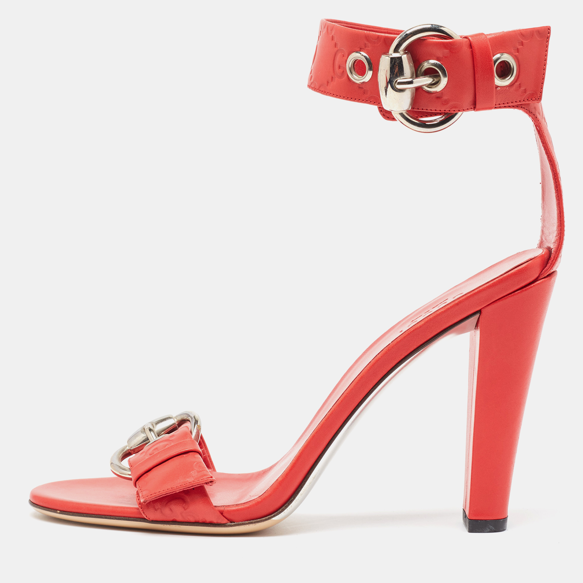 Pre-owned Gucci Ssima Leather Ankle Strap Sandals Size 38 In Red