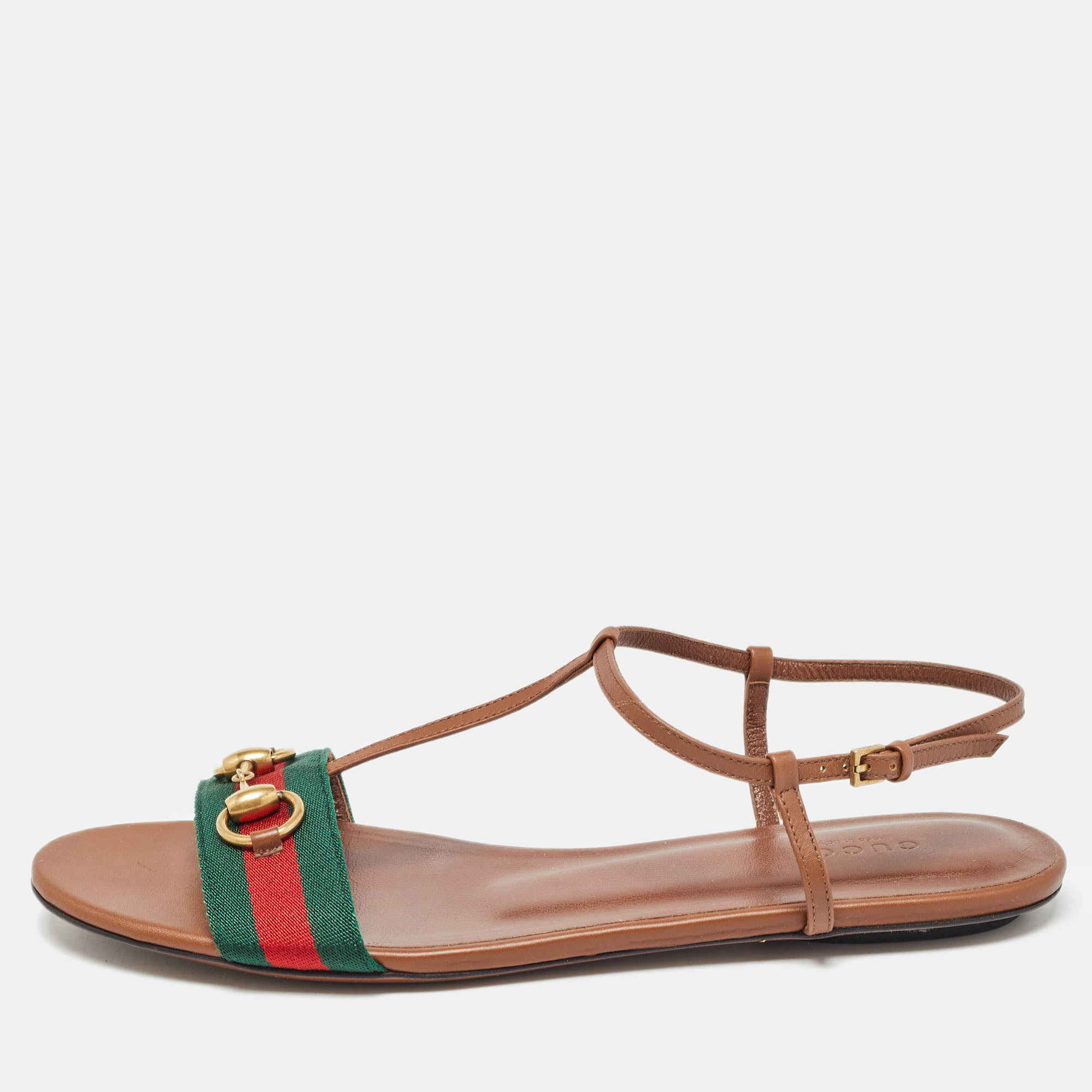 

Gucci Brown Leather Web Detail Horsebit T-Strap Flat Sandals Size