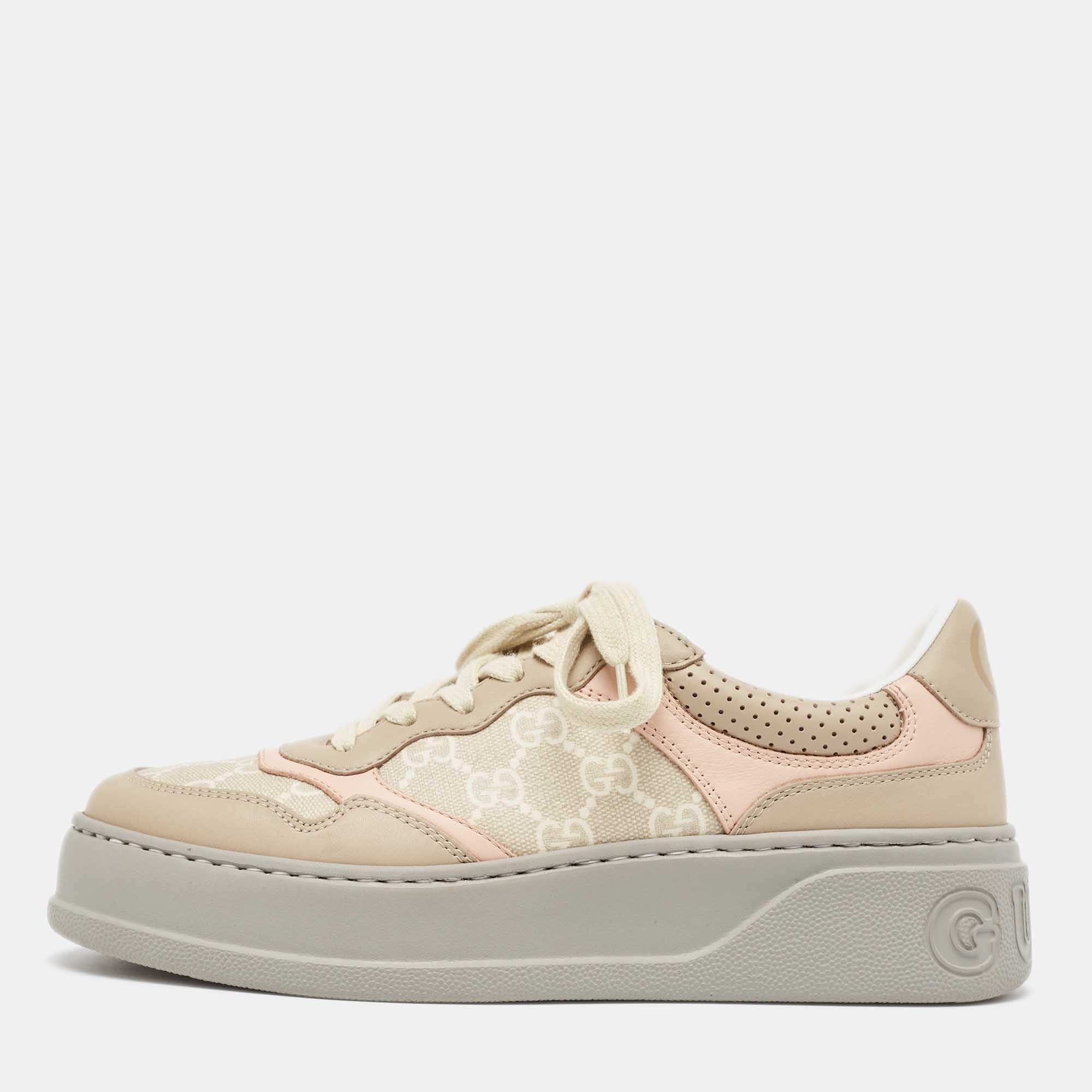 

Gucci Beige/Pink GG Supreme Canvas and Leather Low Top Sneakers Size