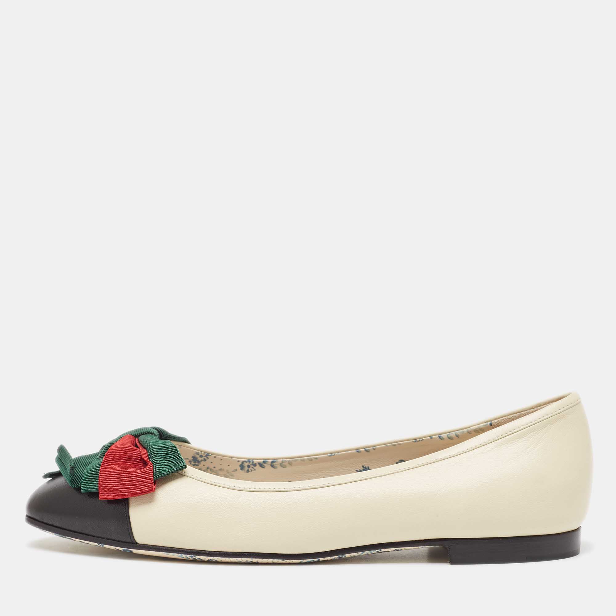 Pre-owned Gucci Off White Leather Web Bow Cap Toe Ballet Flats Size 37.5