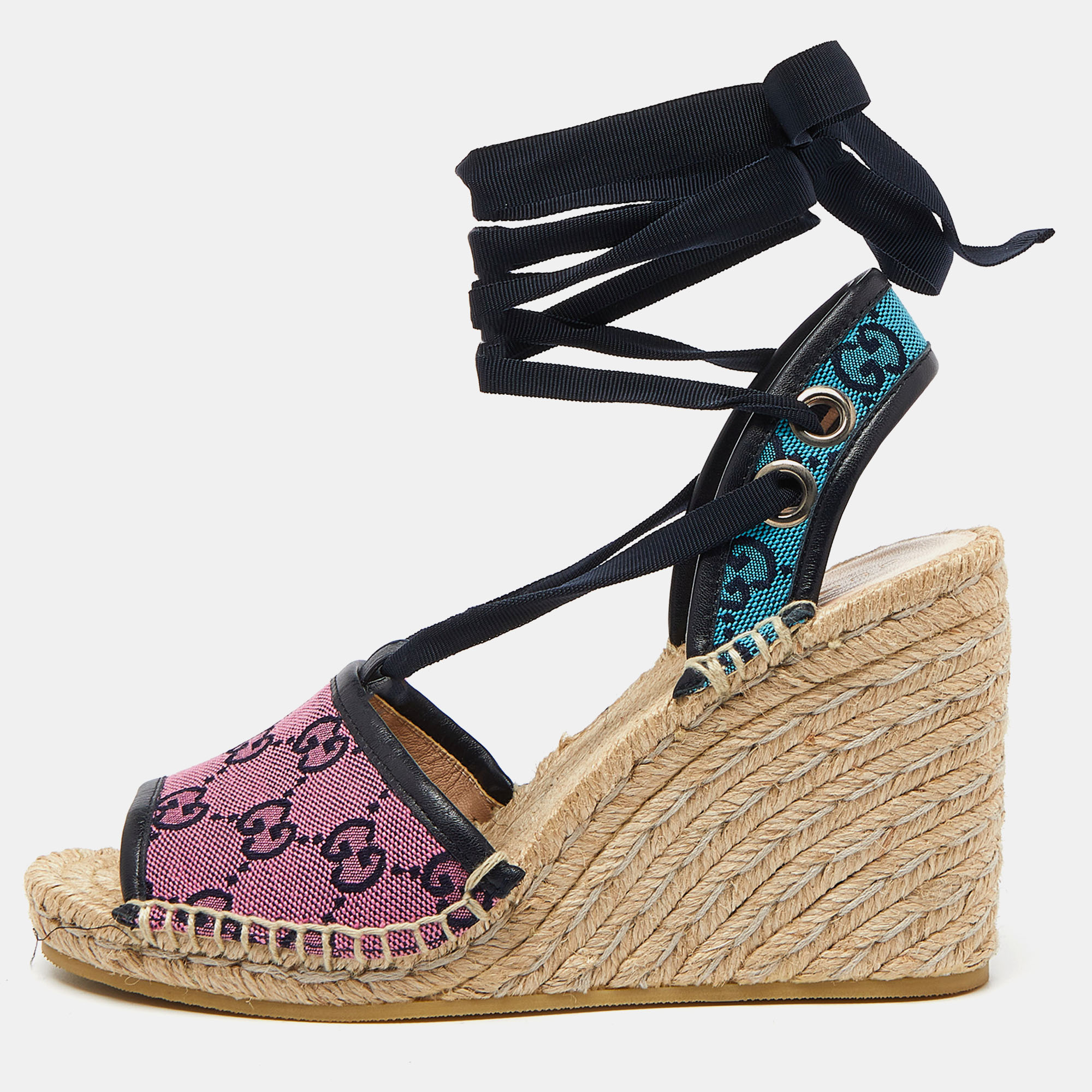 

Gucci Tricolor GG Canvas Espadrille Wedge Ankle Tie Sandals Size, Pink