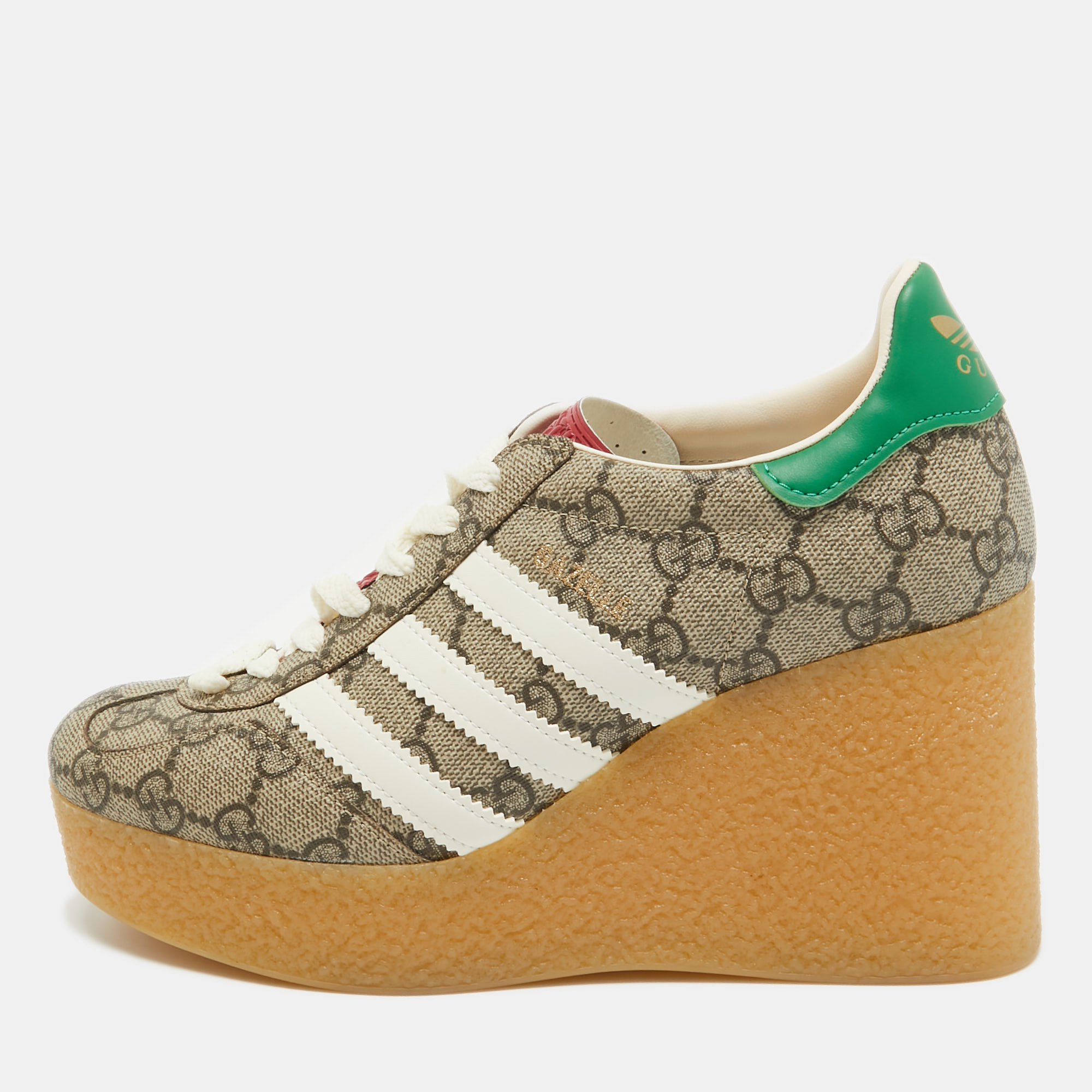 

Gucci x Adidas Beige GG Supreme Canvas Gazelle Wedge Sneakers Size