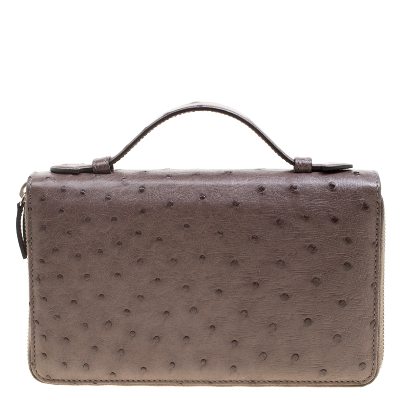 Pre Owned حقيبة مستندات غوتشي ترافيل جلد نعام رصاصي