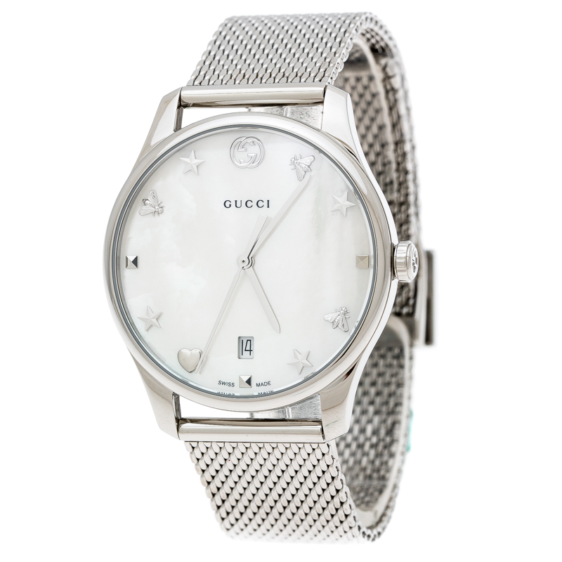 Gucci White Mother of Pearl Stainless Steel G-Timeless 126.4 Women's Wristwatch 36 mm