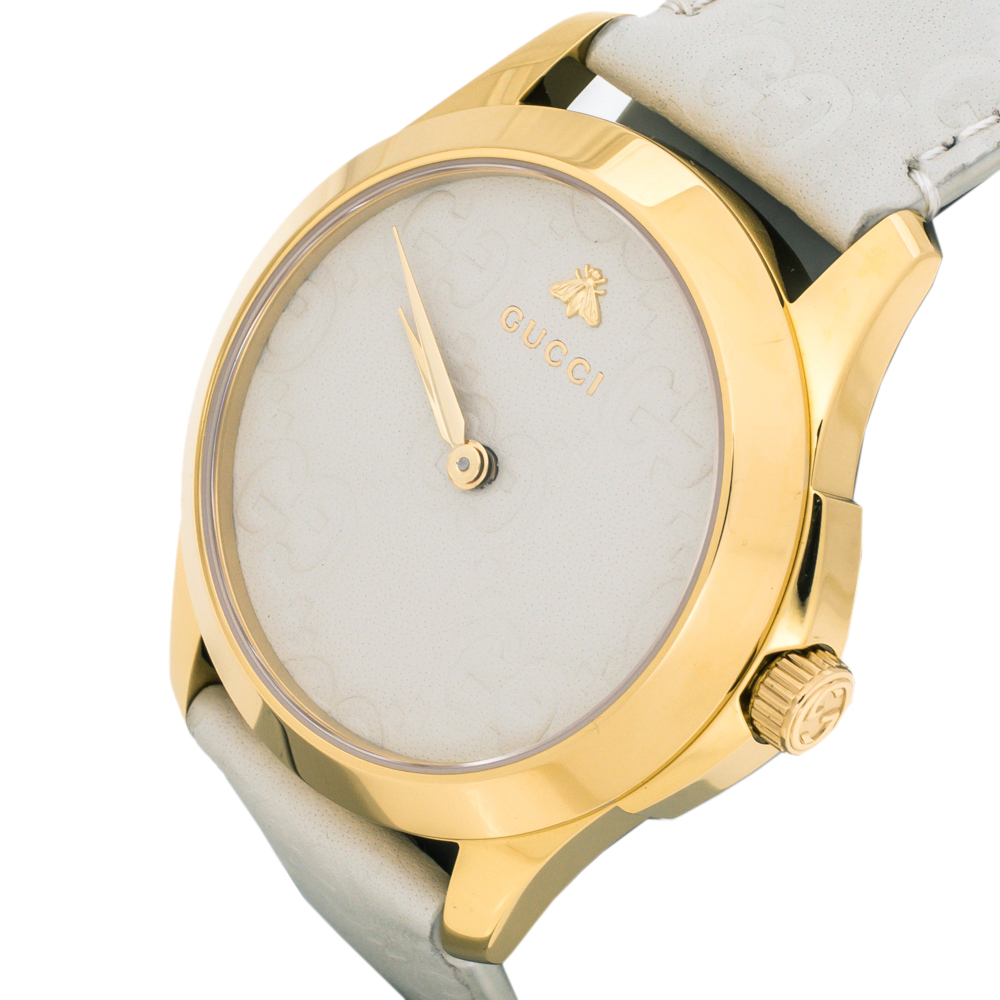 

Gucci White Yellow Gold PVD Coated Stainless Steel Leather G-Timeless