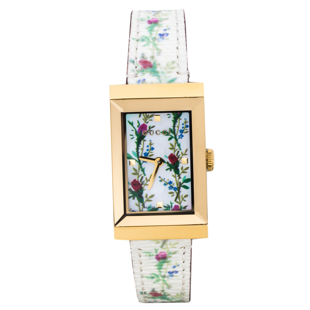 Gucci White Mother Of Pearl Floral Gold Tone Stainless Steel G-Frame 147.4 Women's Wristwatch 21 mm