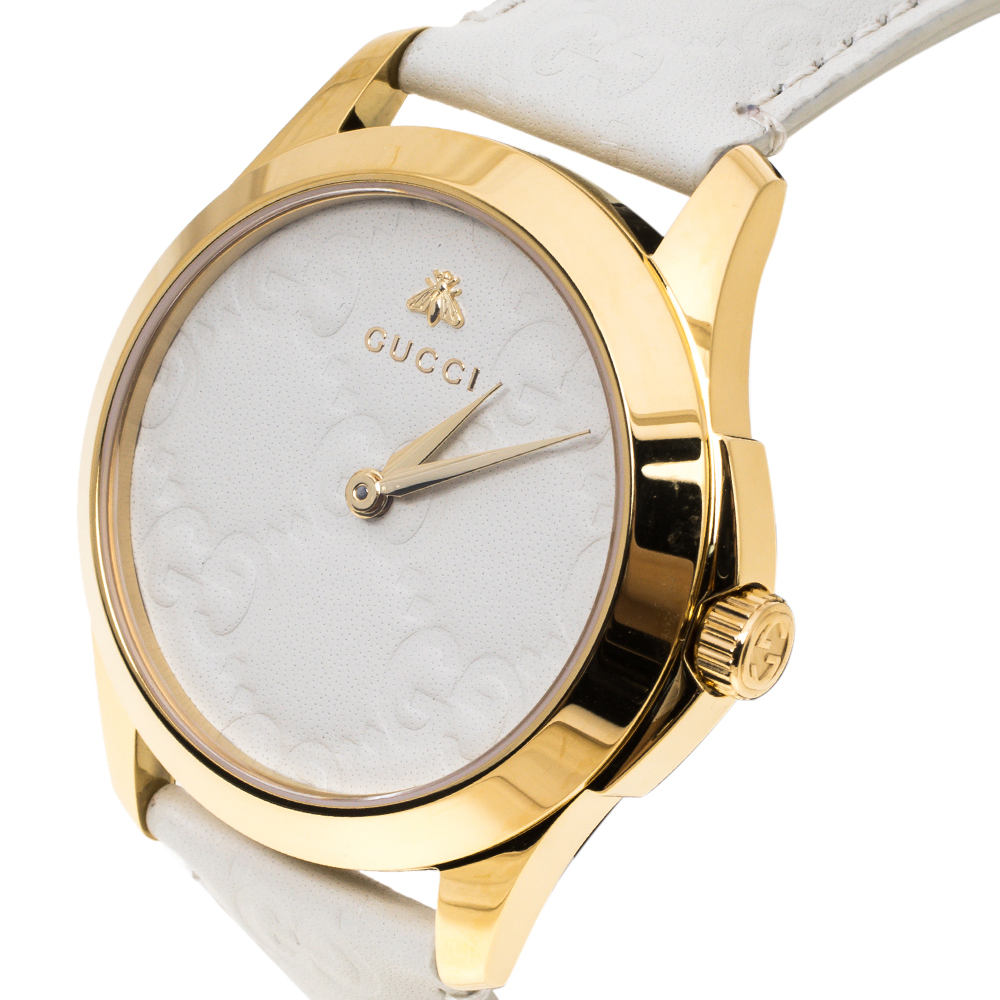 

Gucci White Yellow Gold PVD Coated Stainless Steel Leather G-Timeless