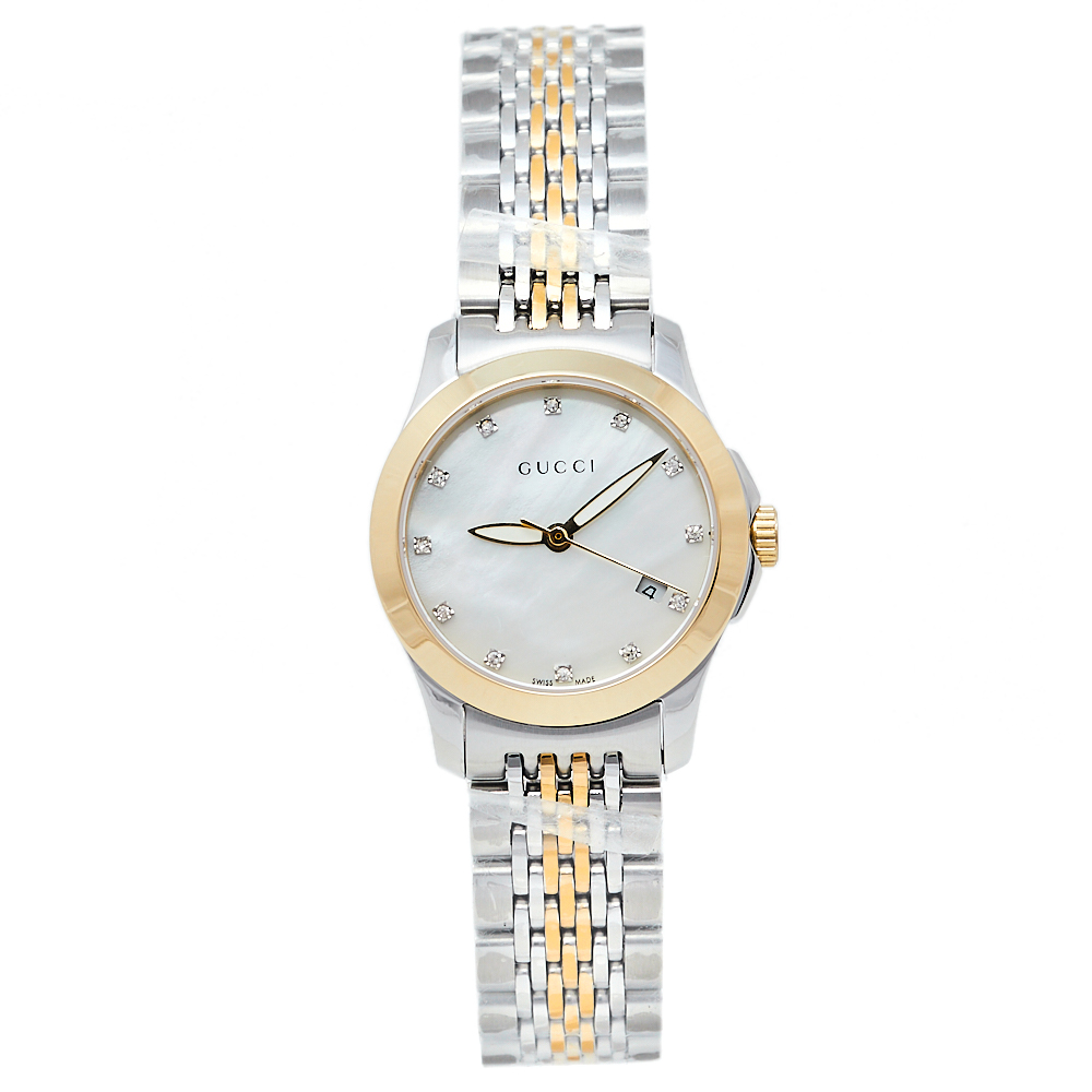 Pre-owned Gucci Mother Of Pearl Two-tone Stainless Steel Diamond G-timeless Ya126513 Women's Wristwatch 27 Mm In White