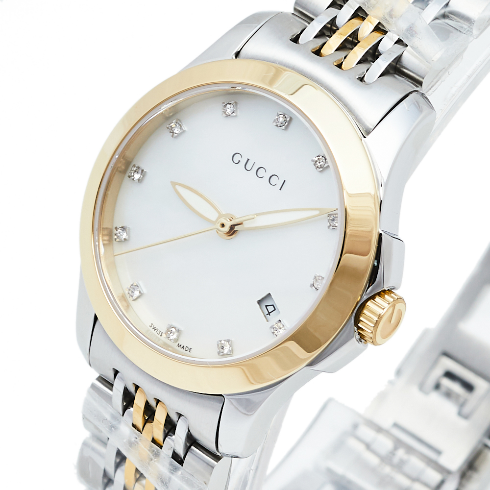 

Gucci Mother Of Pearl Two-Tone Stainless Steel Diamond G-Timeless YA126513 Women's Wristwatch, White