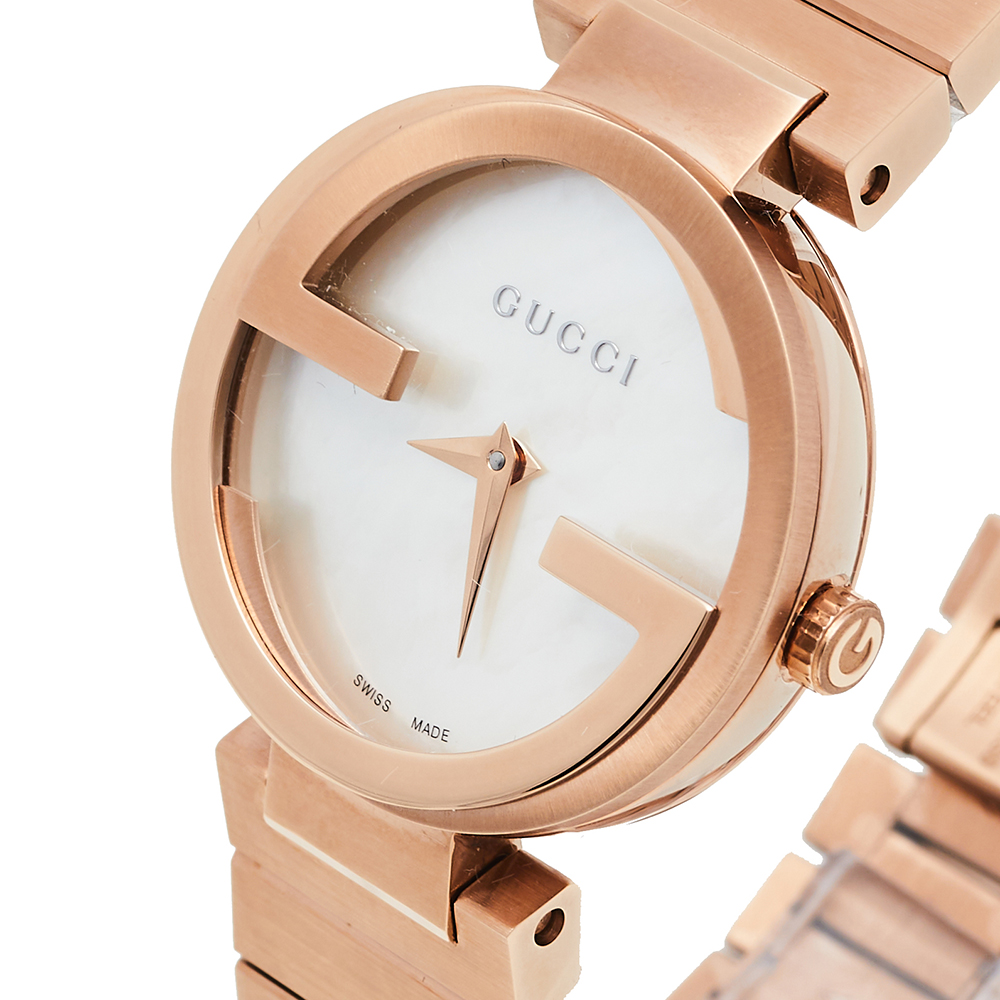 

Gucci Mother Of Pearl Rose Gold Tone Stainless Steel Interlocking YA133515 Women's Wristwatch, White