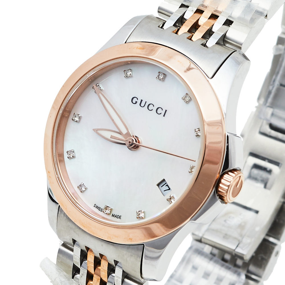 

Gucci Mother Of Pearl Two-Tone Stainless Steel Diamonds G-Timeless YA126514 Women's Wristwatch, White