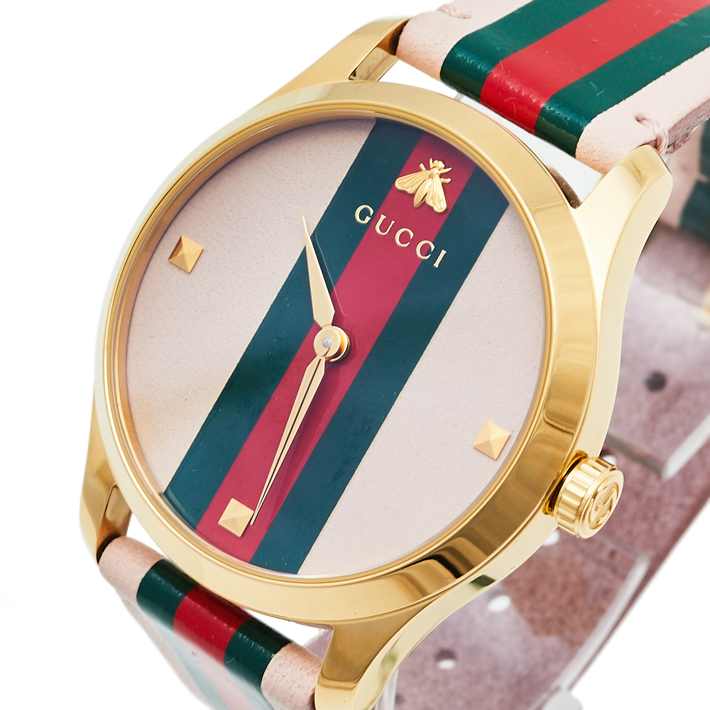 

Gucci Pink Yellow Gold PVD Stainless Steel Leather G-Timeless YA1264118 Women's Wristwatch