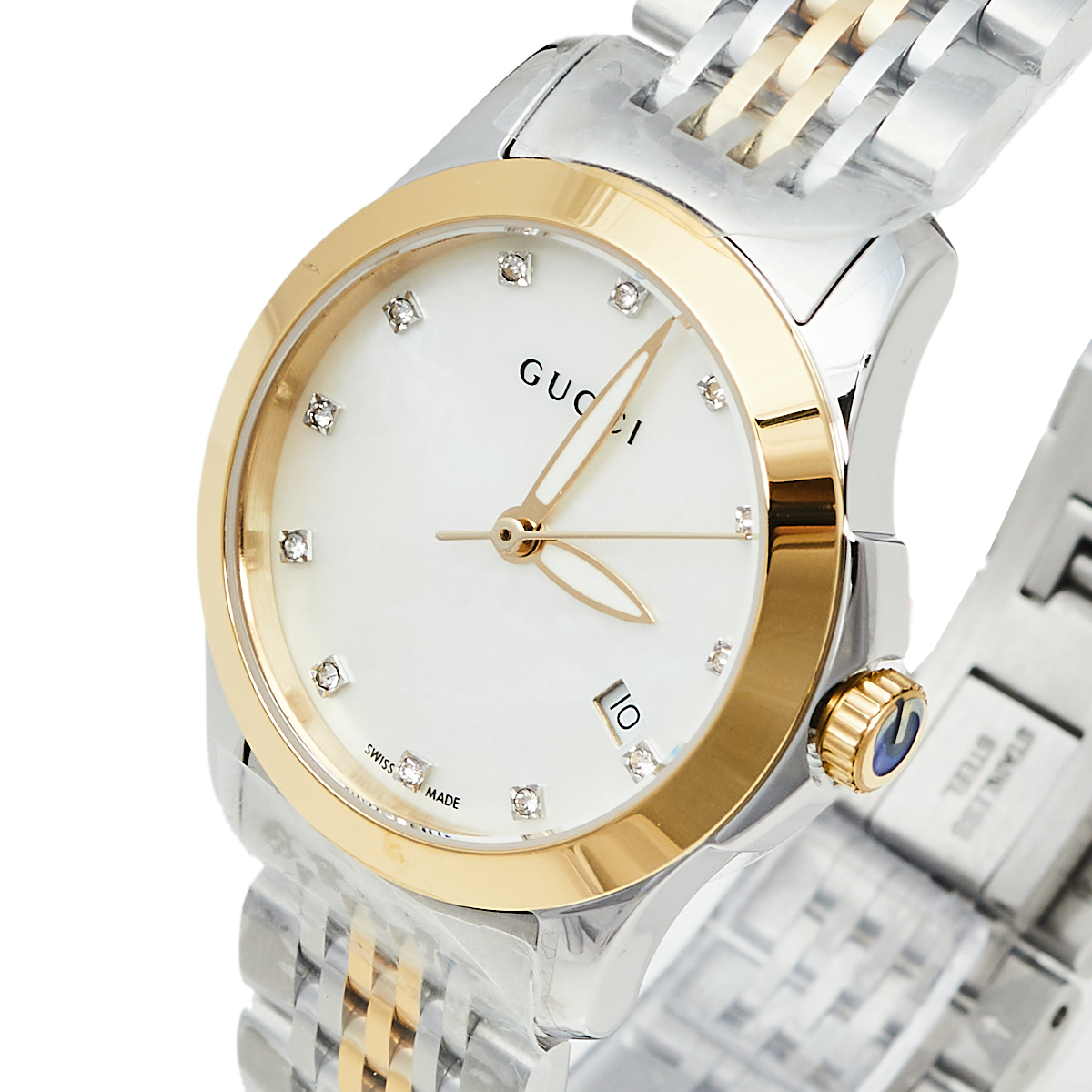 

Gucci Mother Of Pearl Two-Tone Stainless Steel Diamond G-Timeless YA126513 Women's Wristwatch, Silver