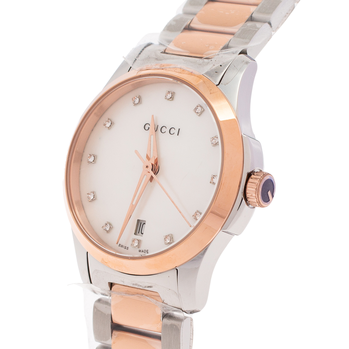 

Gucci Mother of Pearl Two-Tone Stainless Steel Diamonds G-Timeless YA126544 Women's Wristwatch, White