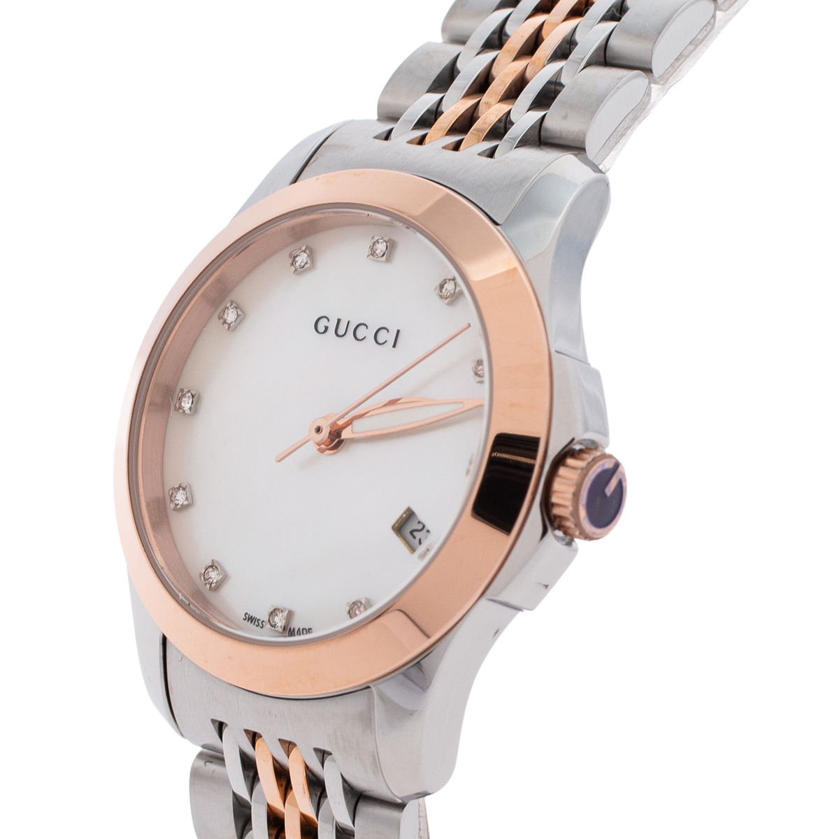 

Gucci Mother Of Pearl Two-Tone Stainless Steel Diamonds G-Timeless YA126514 Women's Wristwatch, Silver