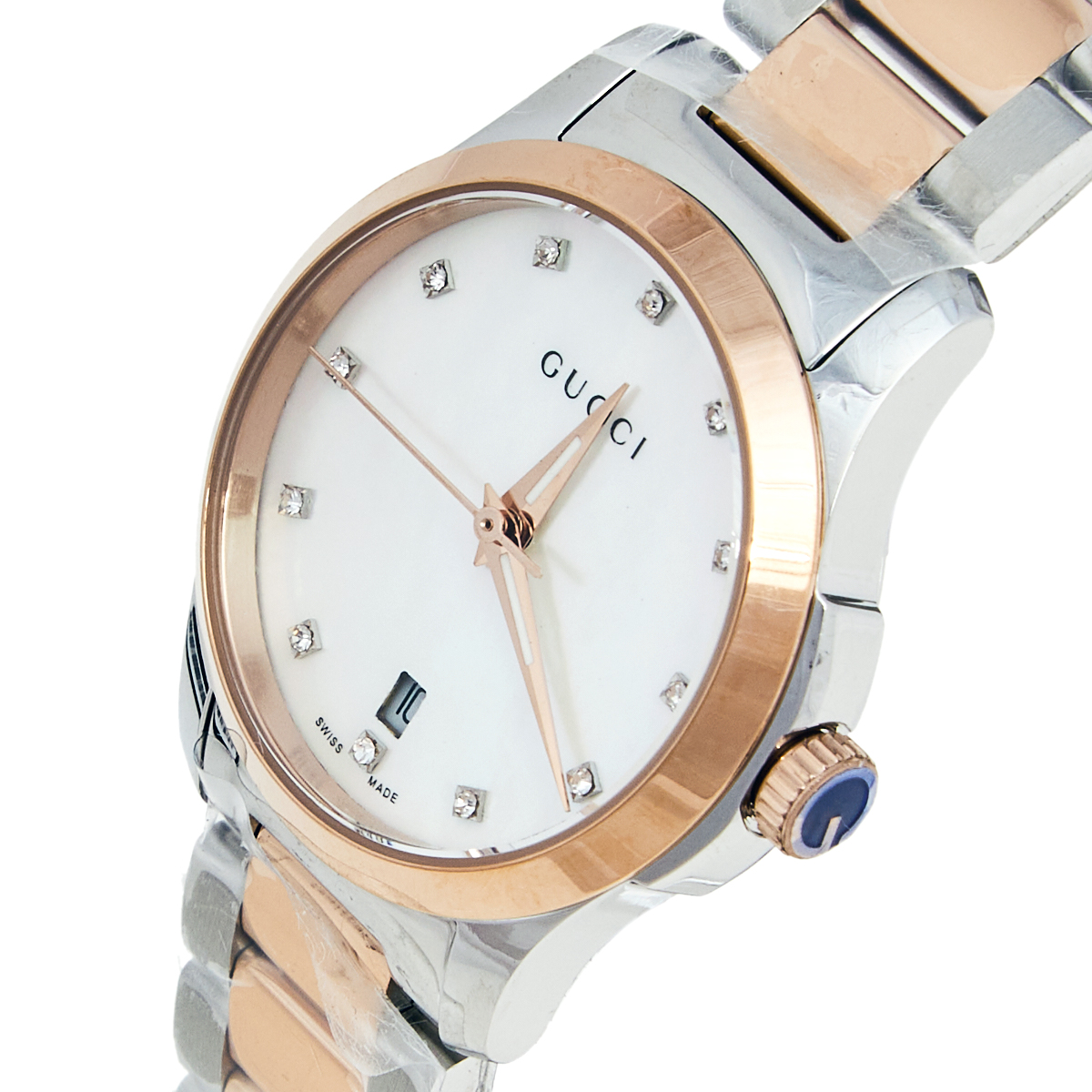 

Gucci Mother of Pearl Two Tone Stainless Steel G-Timeless YA126544 Women's Wristwatch, White