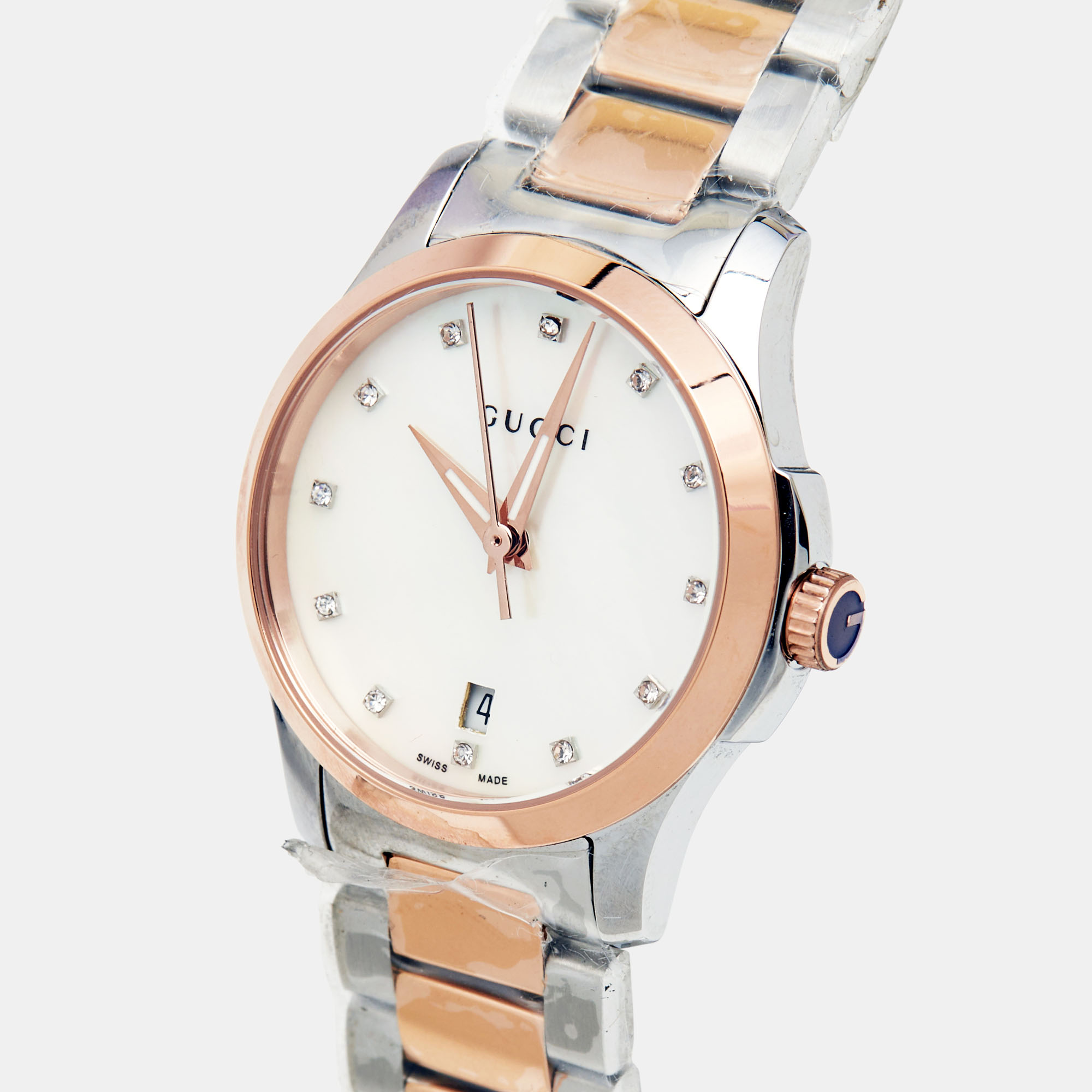 

Gucci Mother of Pearl Two Tone Stainless Steel G-Timeless YA126544 Women's Wristwatch, White