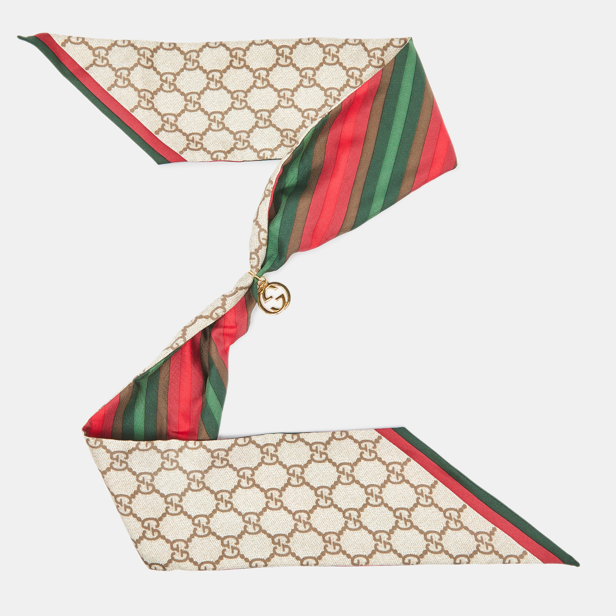 

Gucci Beige GG Striped Charm Detail Silk Bandeau Scarf