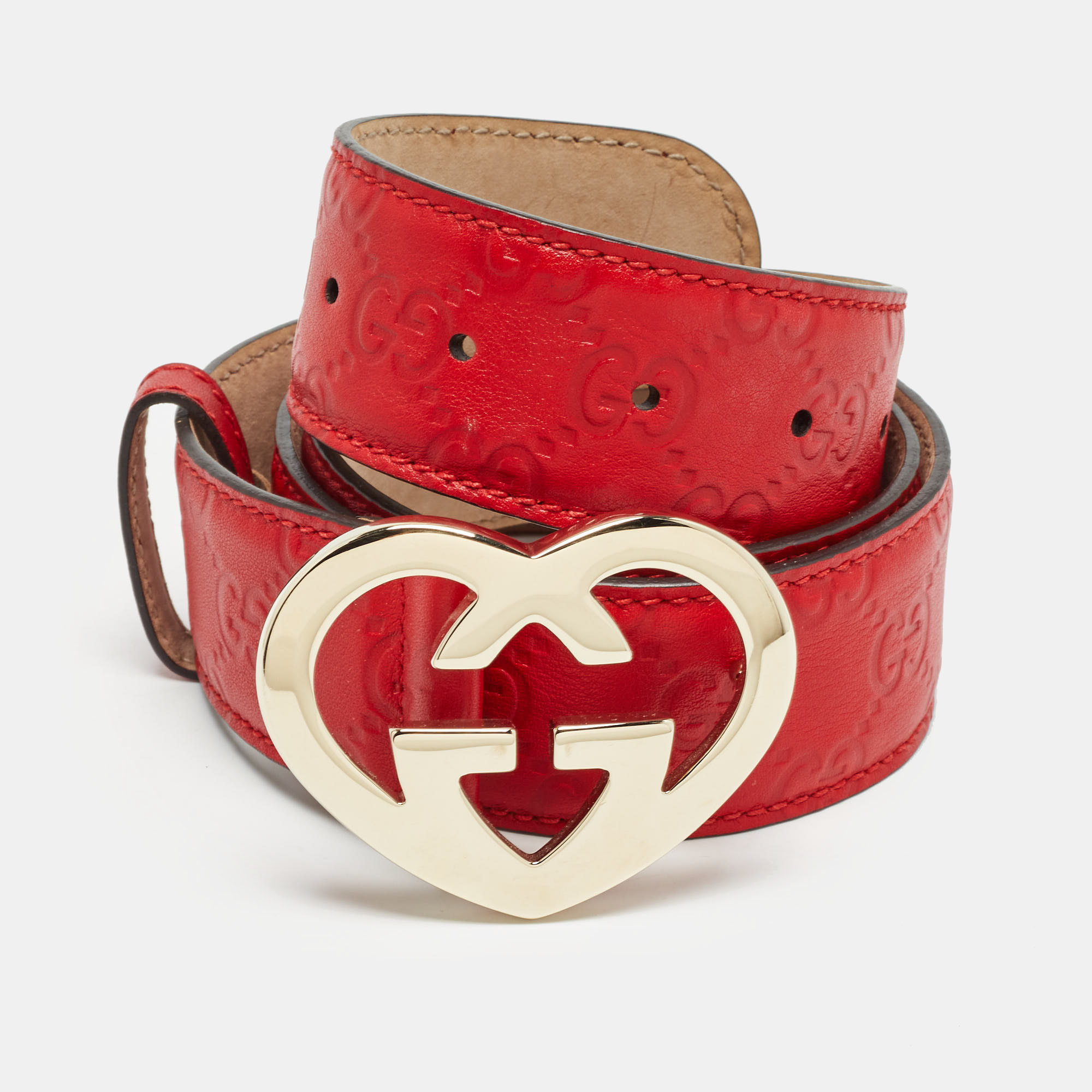 

Gucci Red Guccissima Leather Lovely Heart Buckle Belt