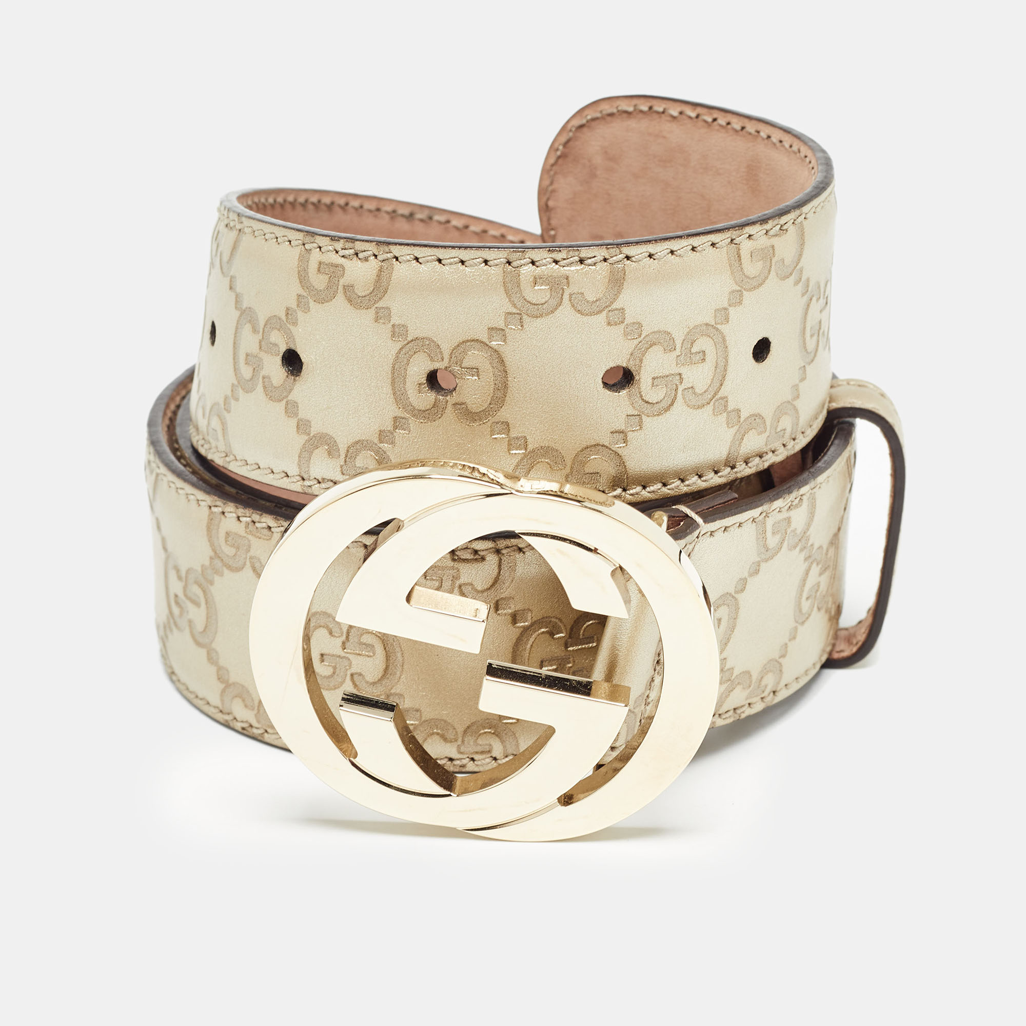 Pre-owned Gucci Ssima Leather Interlocking G Buckle Belt 95 Cm In Gold