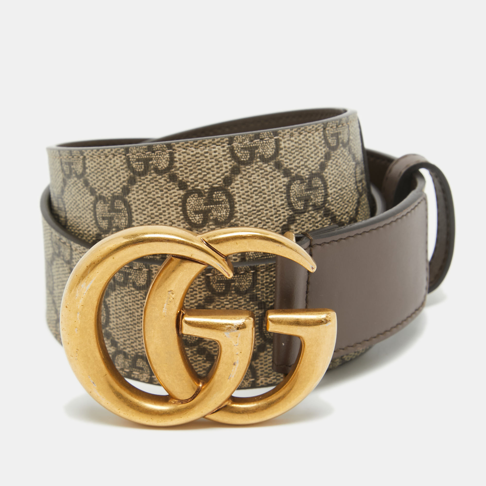 

Gucci Beige/Brown GG Supreme Canvas and Leather GG Marmont Buckle Belt