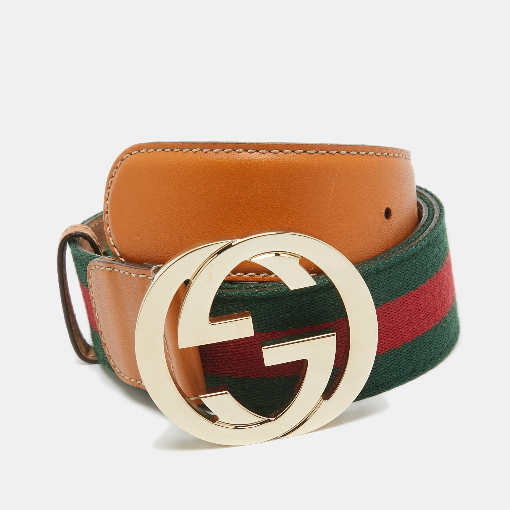 

Gucci Tan Leather and Web Canvas Interlocking G Buckle Belt