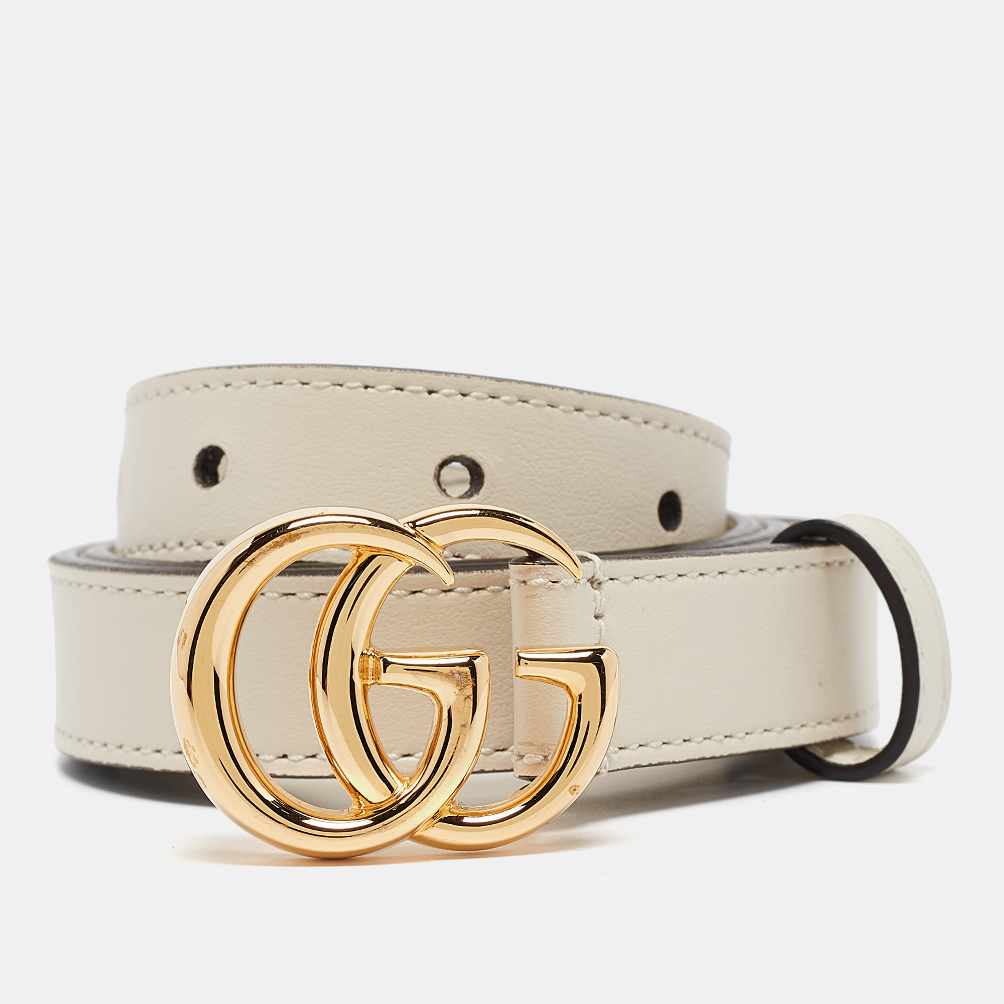 

Gucci Off White Leather GG Marmont Buckle Slim Belt