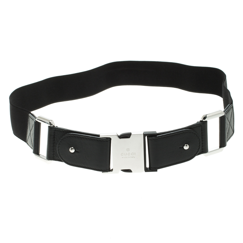 Pre Owned Gucci Black Elastic and Leather Buckle Belt 85CM