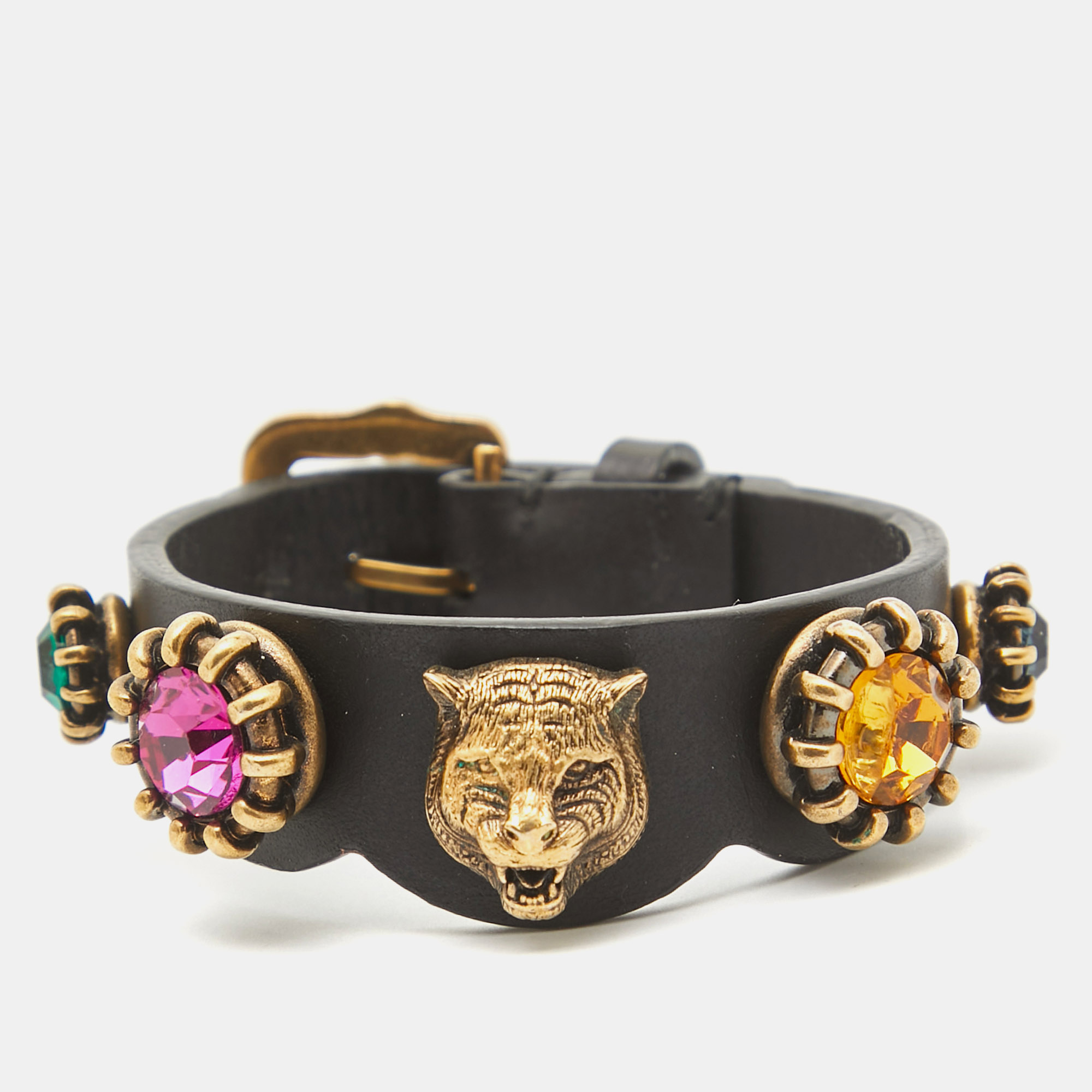 

Gucci Feline Crystals Gold Tone Leather Bracelet