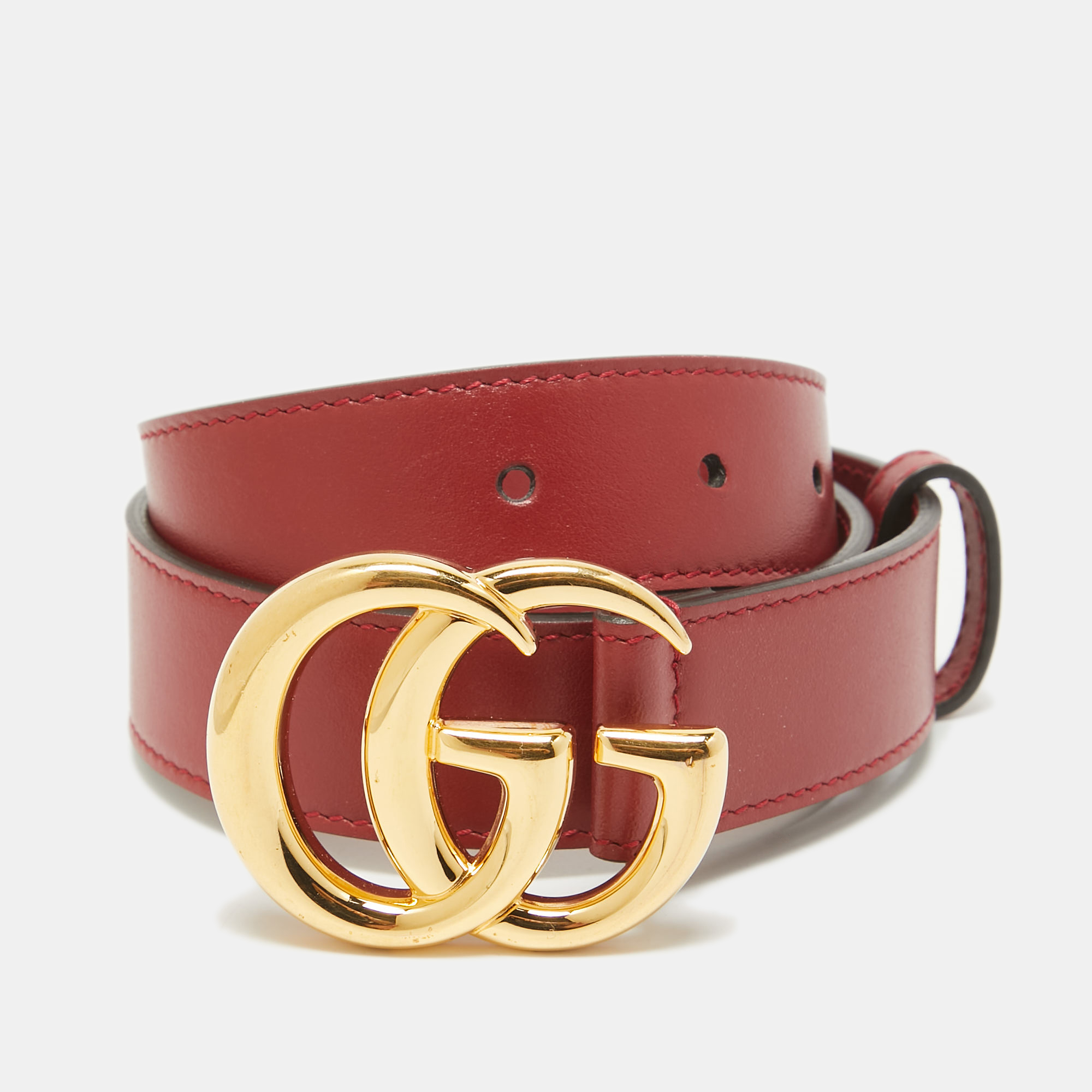 Pre-owned Gucci Red Leather Gg Marmont Buckle Belt 70 Cm