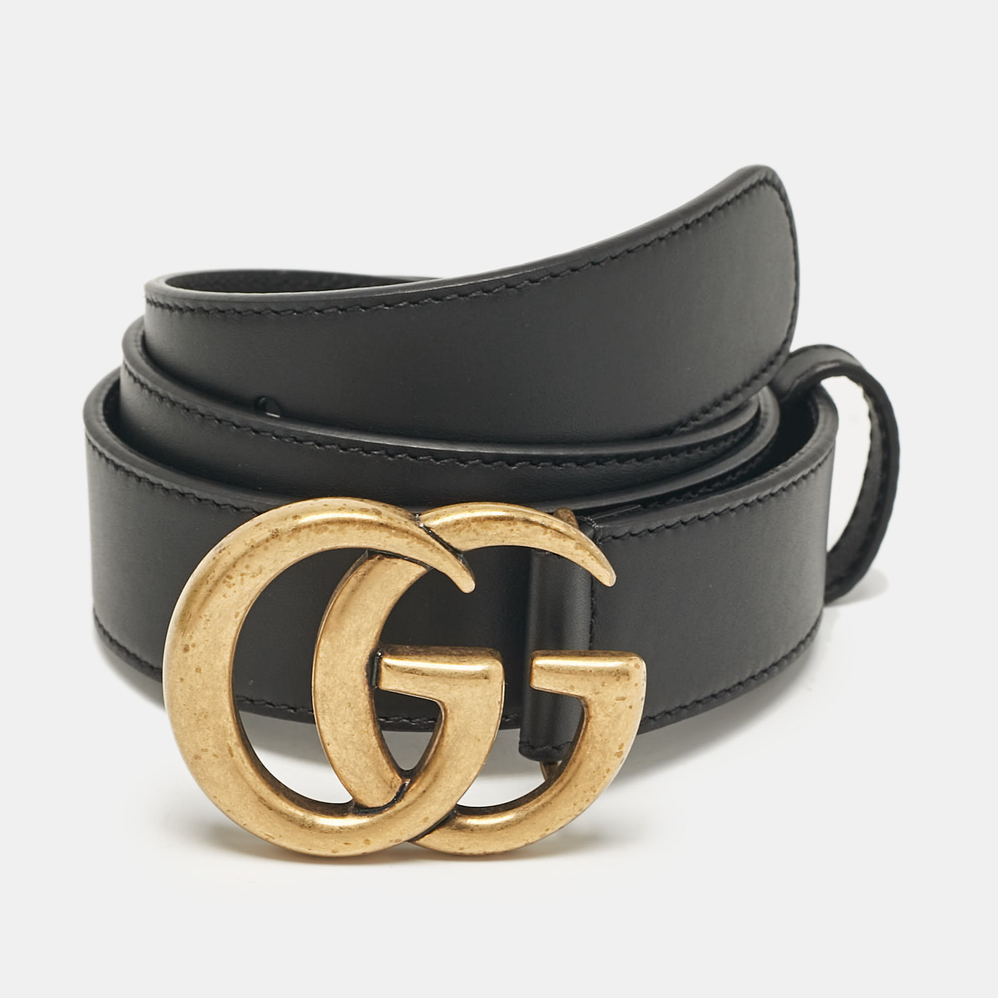 Pre-owned Gucci Black Leather Gg Marmont Buckle Belt 80 Cm