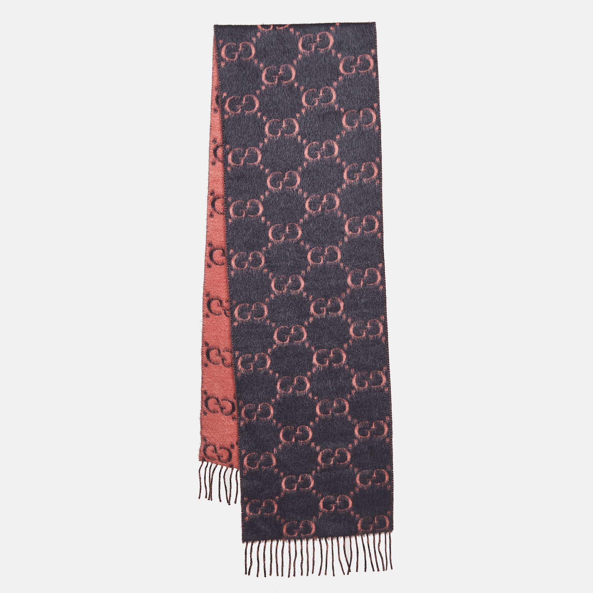 

Gucci Pink/Grey GG Web Print Tassel Detail Wool Scarf