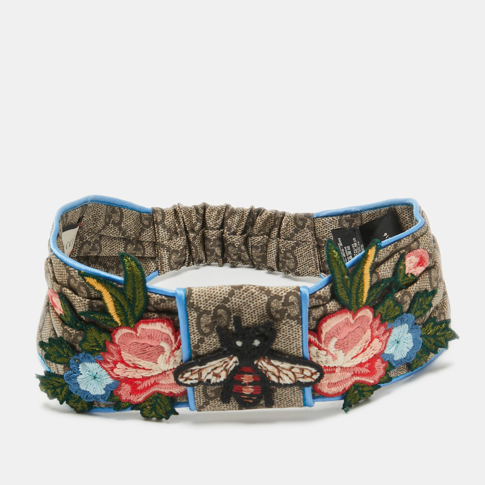 Pre-owned Gucci Ssima Bee & Floral Appliqué Silk Headband In Brown