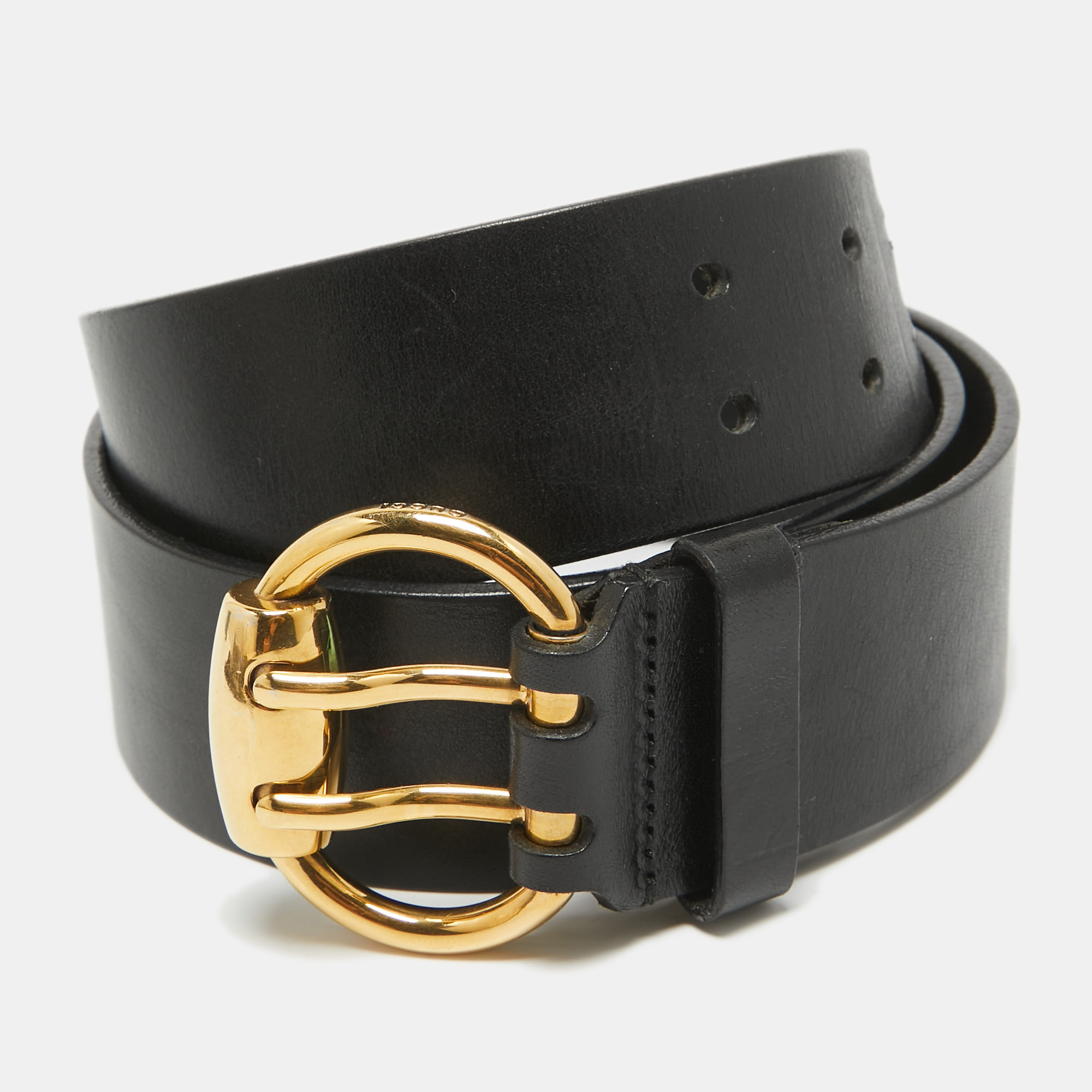 

Gucci Black Leather Horsebit Round Buckle Belt 95CM