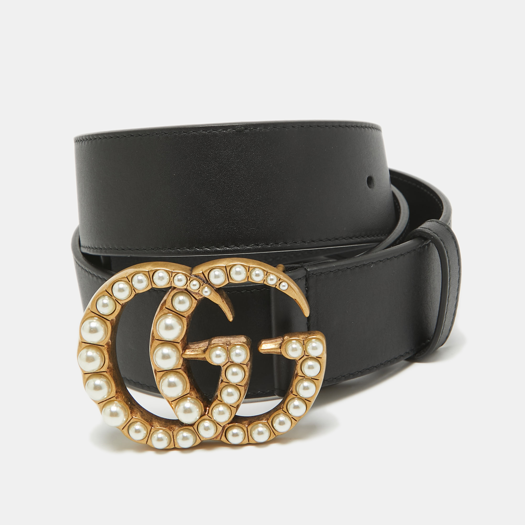 

Gucci Black Leather Pearl Embellished GG Marmont Belt 90CM