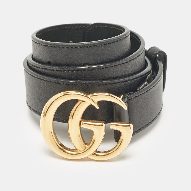 Pre-owned Gucci Black Leather Gg Marmont Buckle Belt 75cm