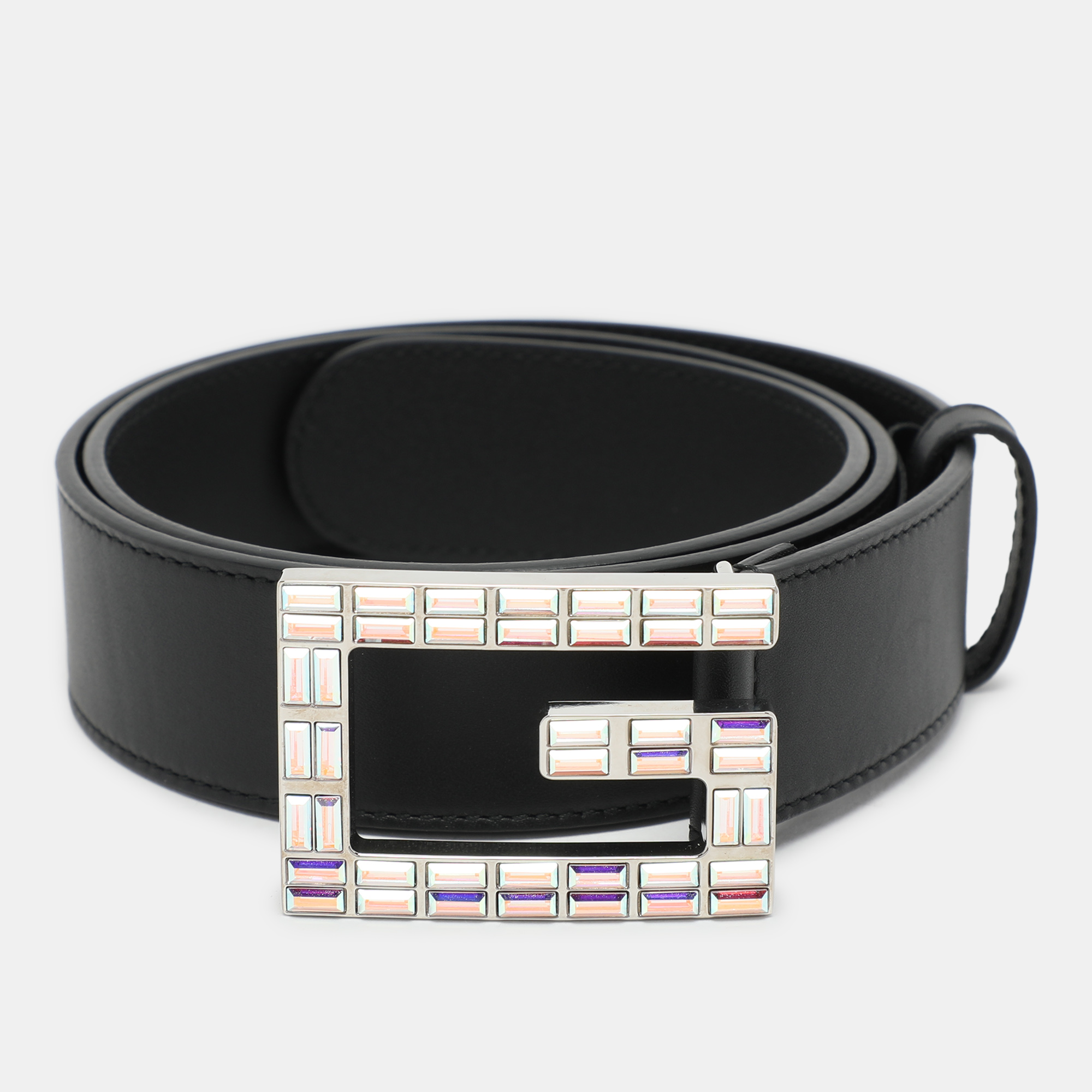 

Gucci Black Leather Crystal Embellished G Buckle Belt 80CM