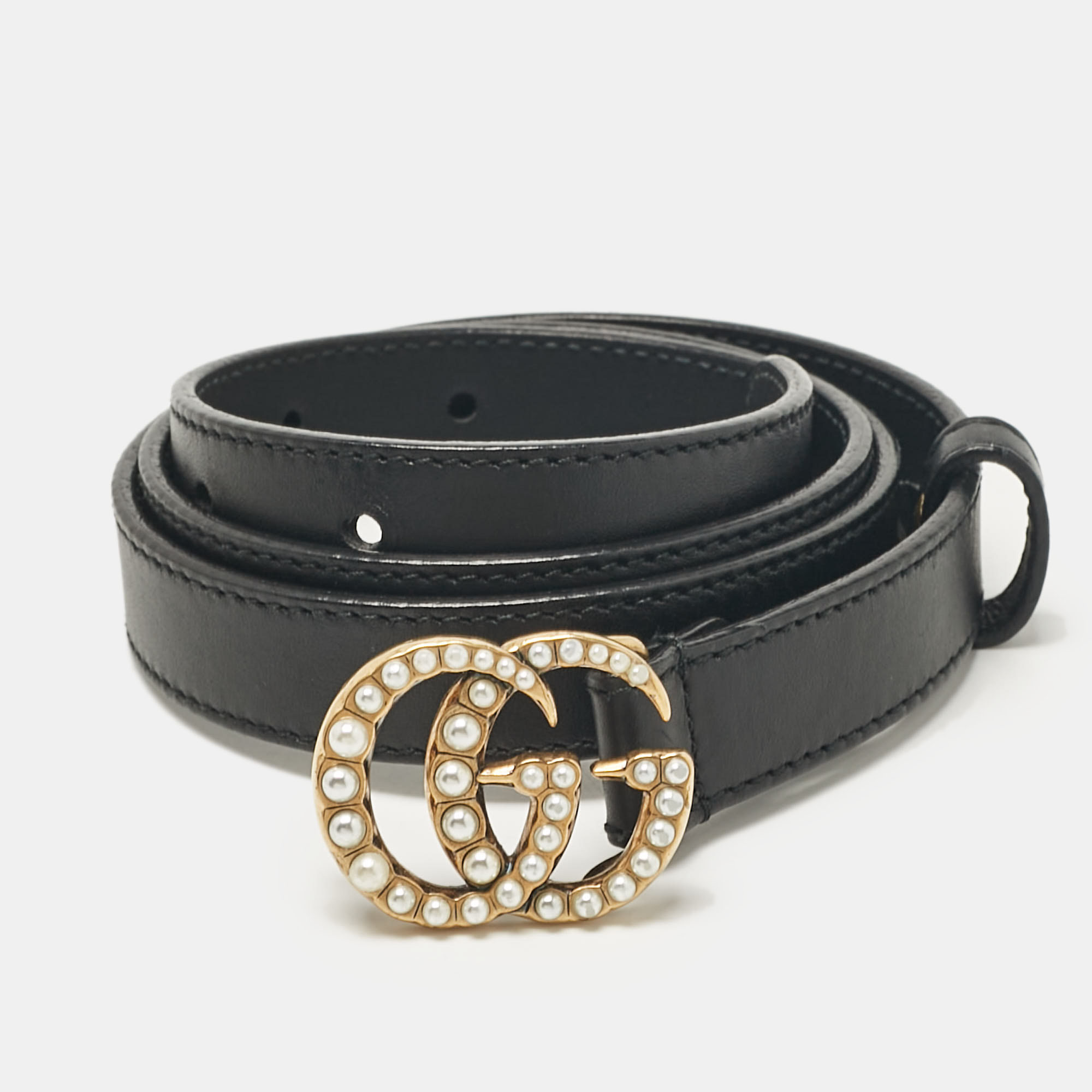 

Gucci Black Leather GG Marmont Pearl Embellished Buckle Slim Belt