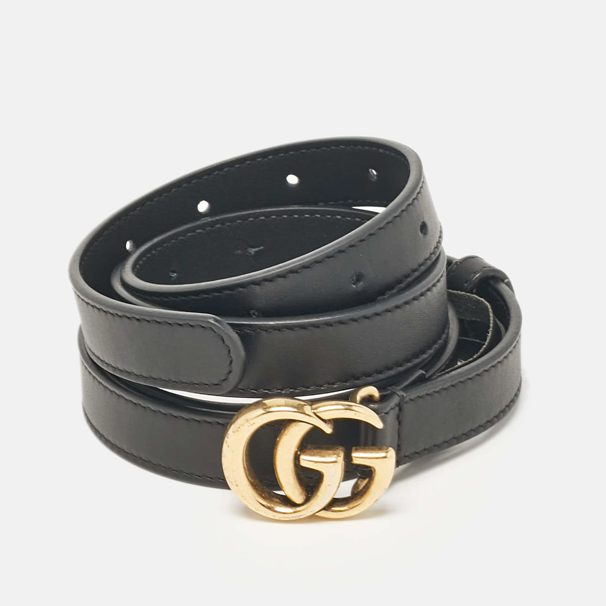 Pre-owned Gucci Black Leather Gg Marmont Slim Belt 120 Cm