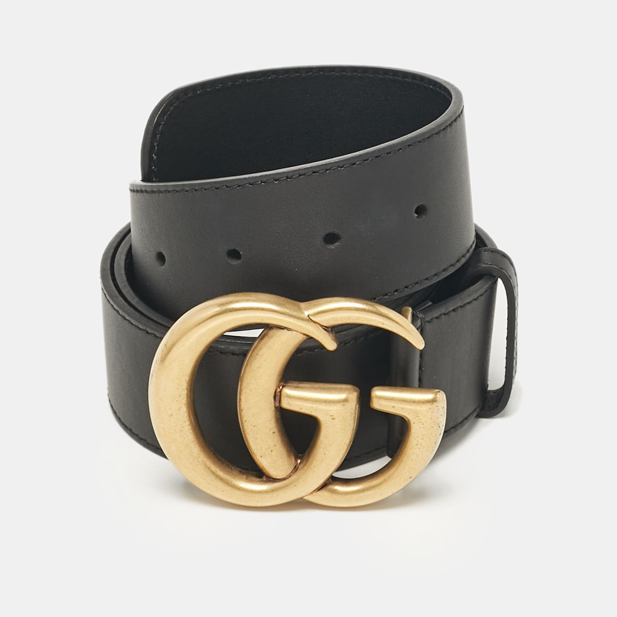 Pre-owned Gucci Black Leather Gg Marmont Buckle Belt 85cm