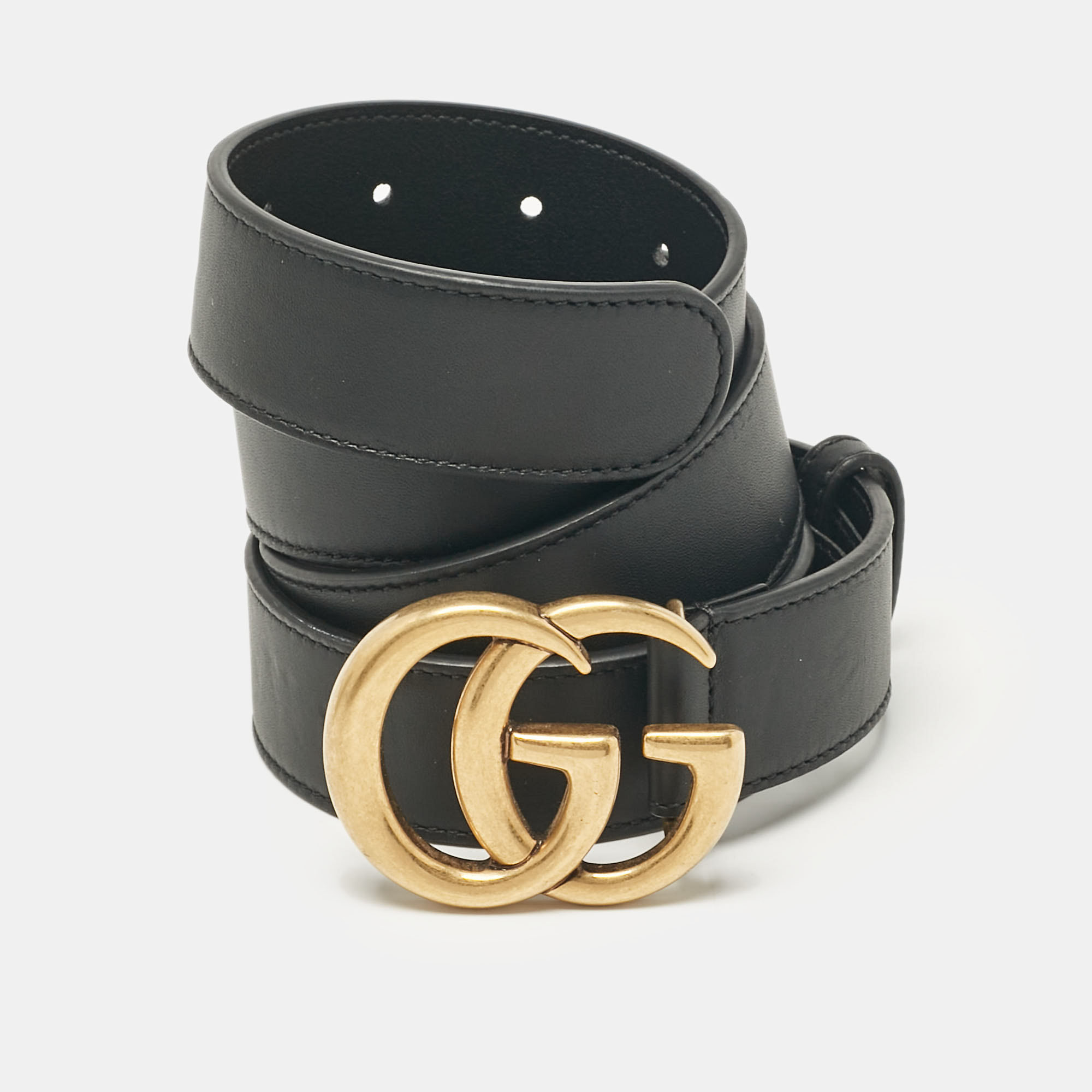 Pre-owned Gucci Black Leather Gg Marmont Buckle Belt 95cm