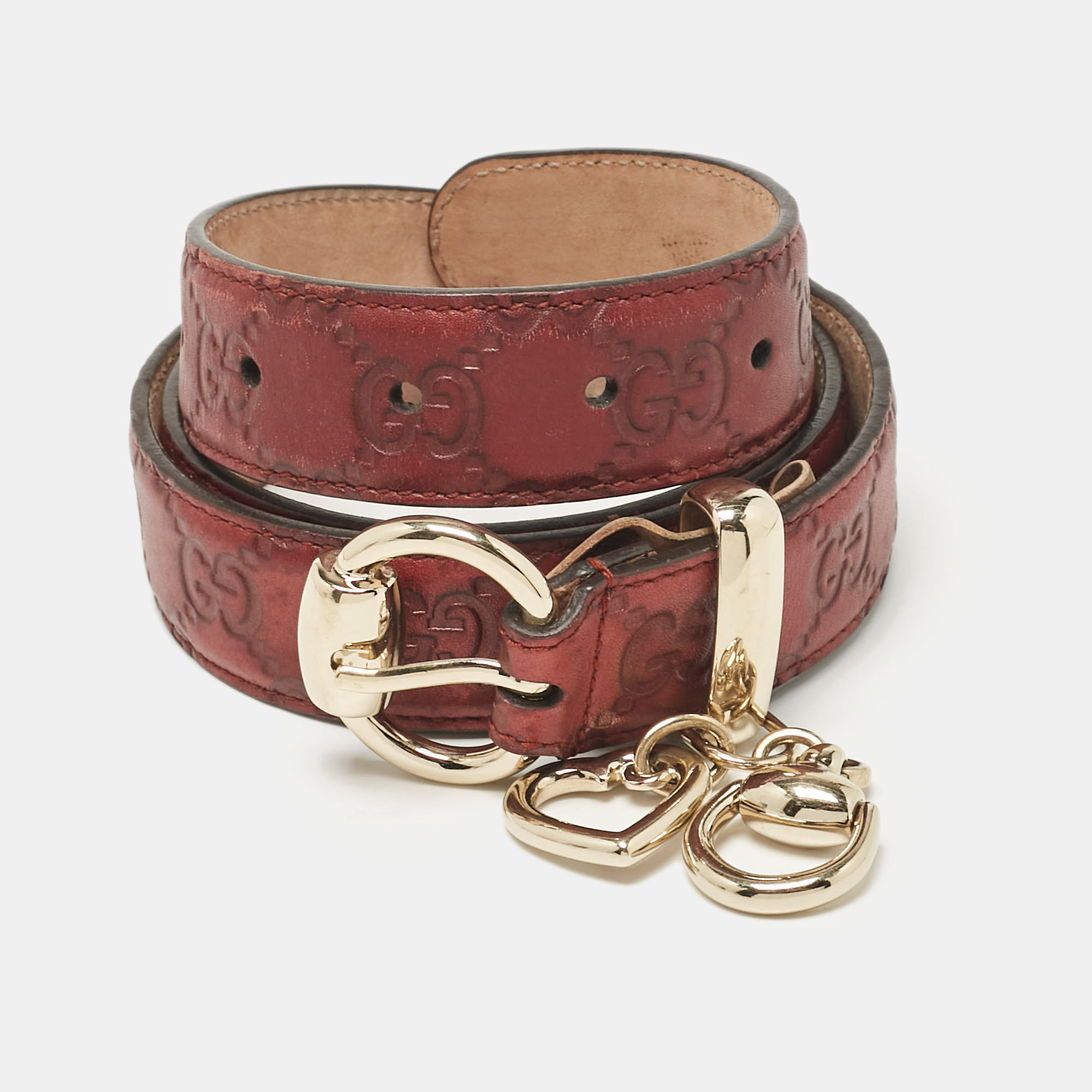 Pre-owned Gucci Ssima Leather Gg Heart Charm Buckle Belt 90cm In Red