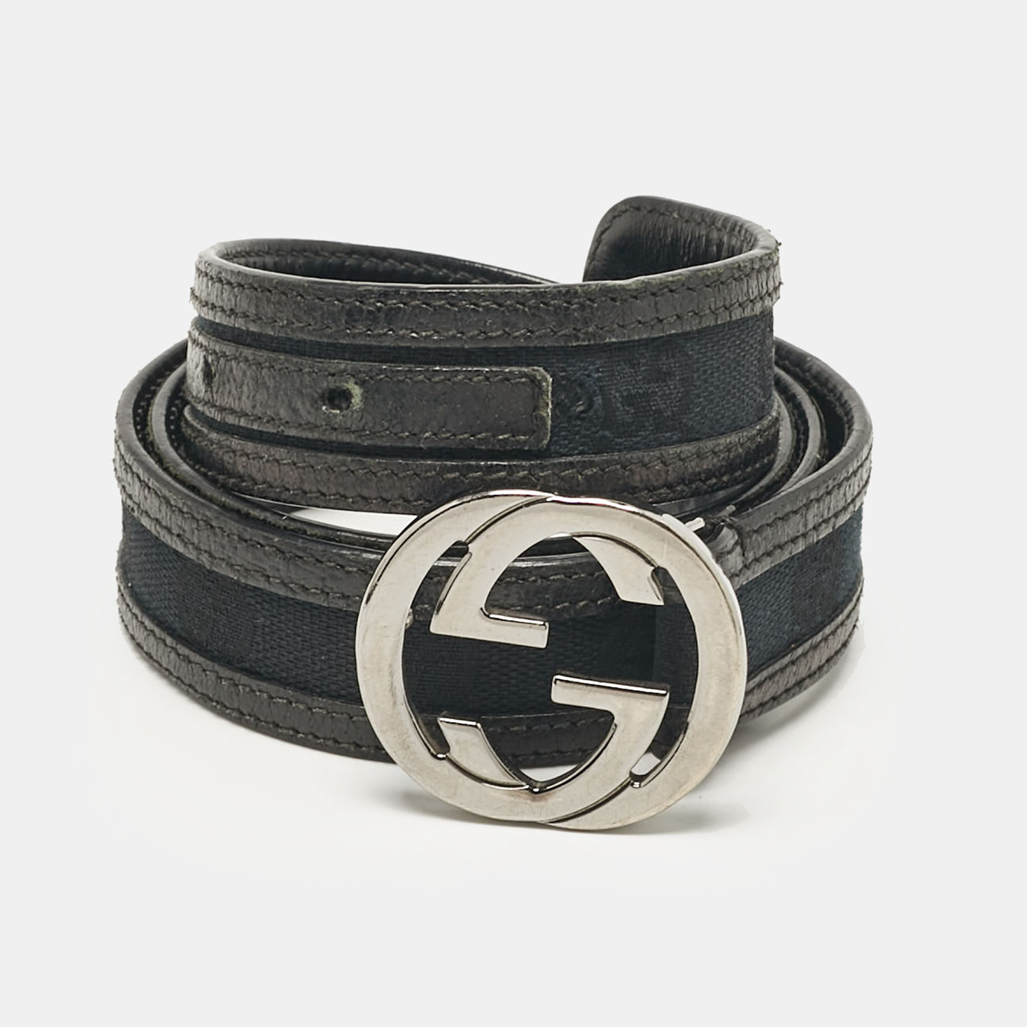 

Gucci Black GG Canvas and Leather Interlocking G Belt 80CM