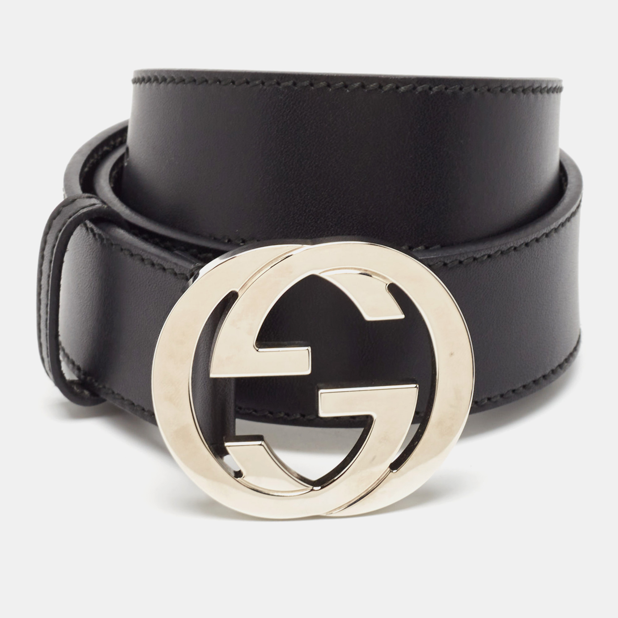 

Gucci Black Leather Interlocking G Buckle Belt 80CM