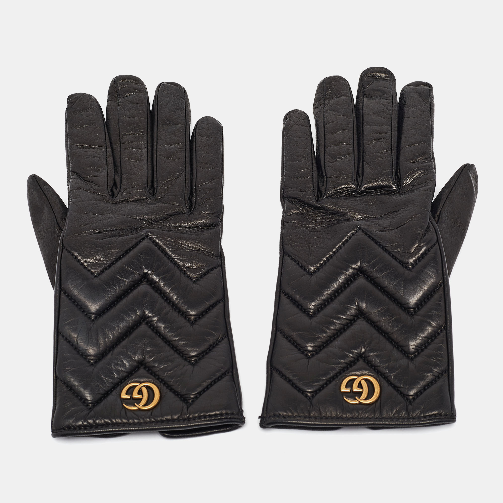 

Gucci Black Matelassé Leather GG Marmont Gloves Size