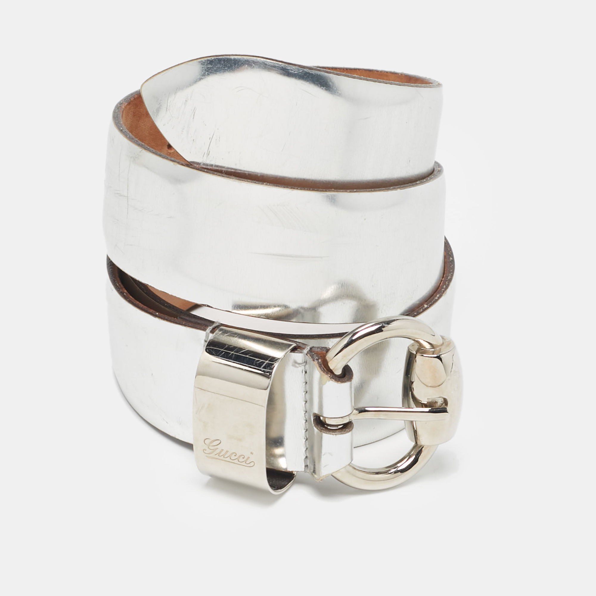 

Gucci Silver Leather Horsebit Buckle Belt