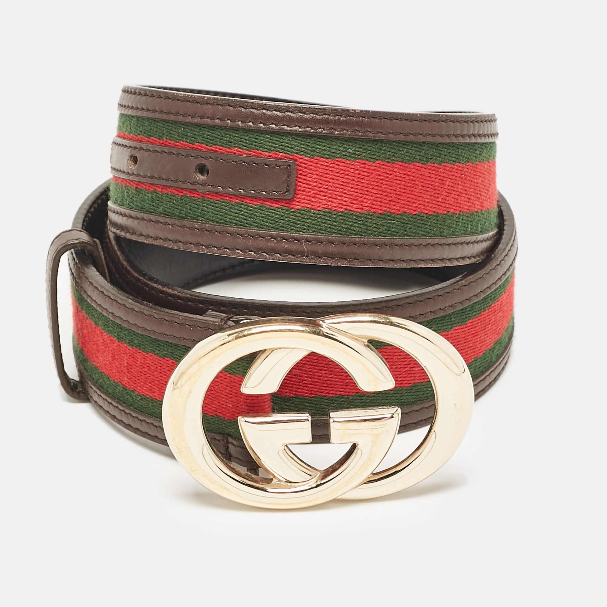 

Gucci Brown Leather and Web Canvas Interlocking G Buckle Belt