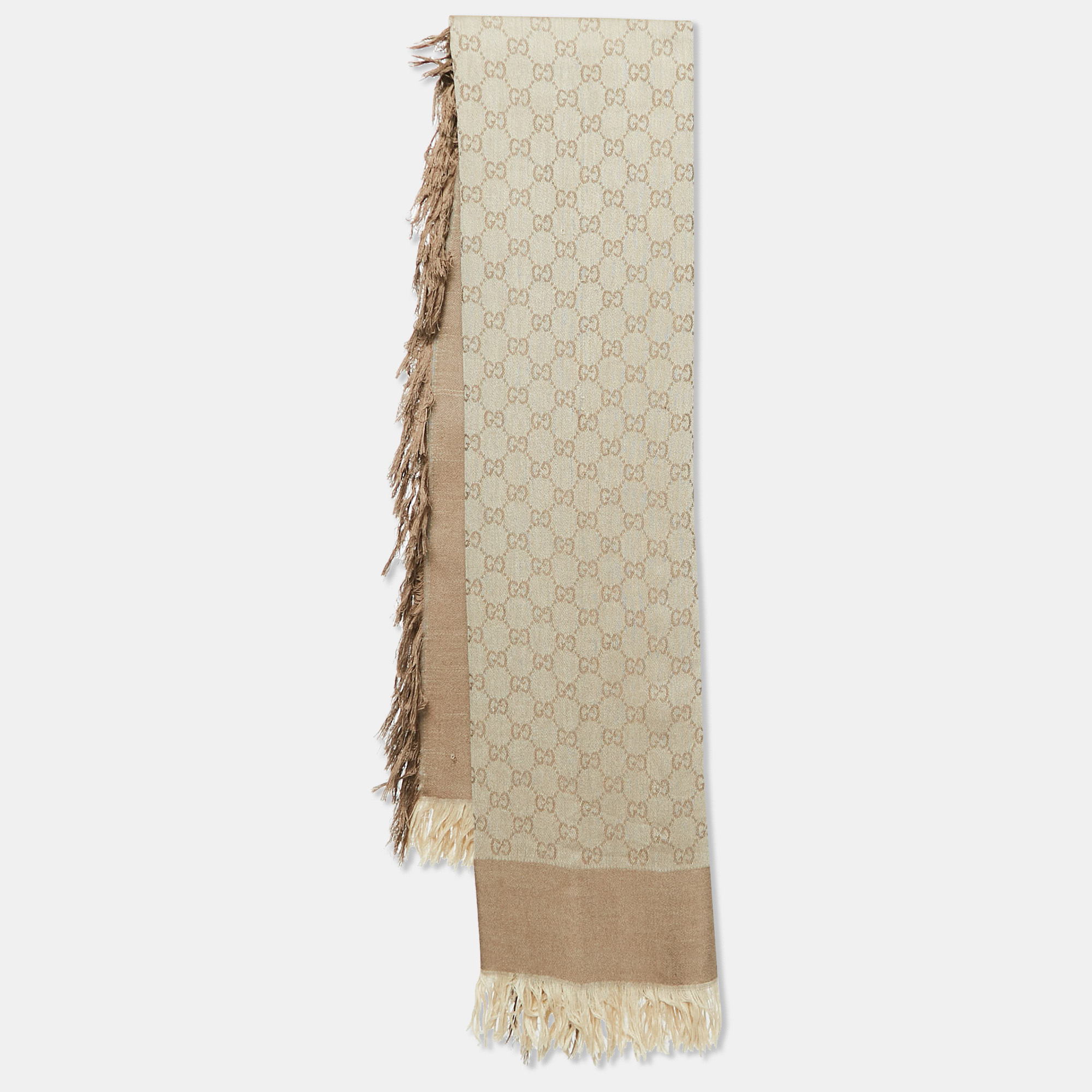 

Gucci Brown GG Jacquard Cotton Blend Fringed Scarf