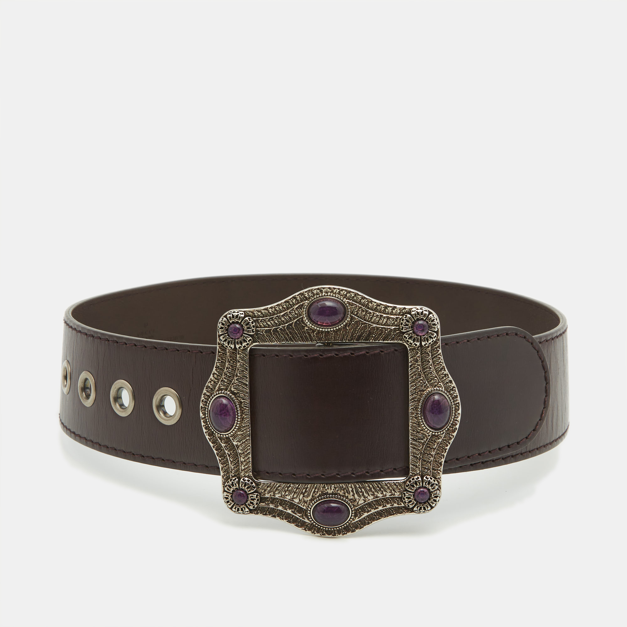 

Gucci Dark Brown Leather Embellished Buckle Belt 65CM